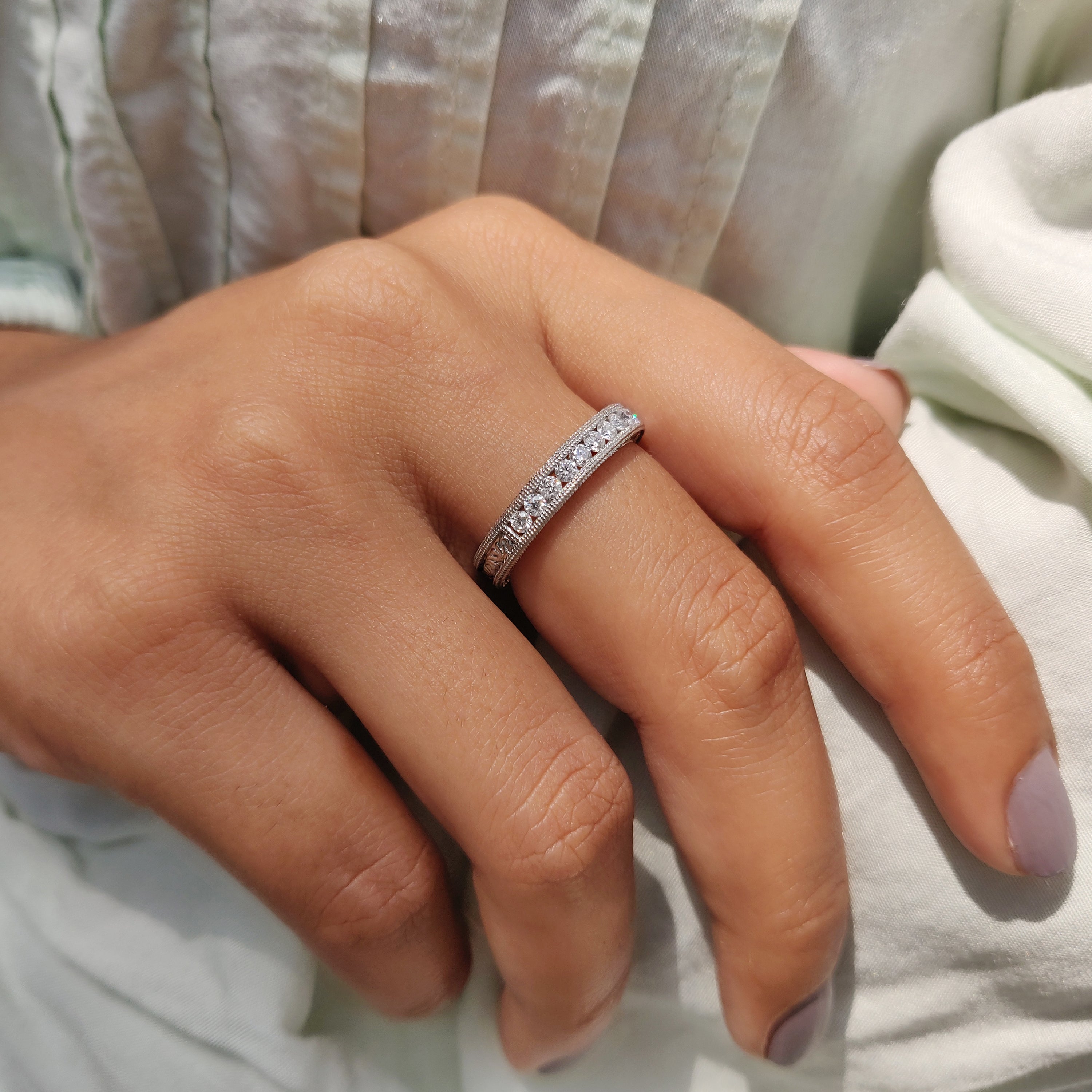 White gold milgrain wedding band crafted with precision and vintage-inspired design.