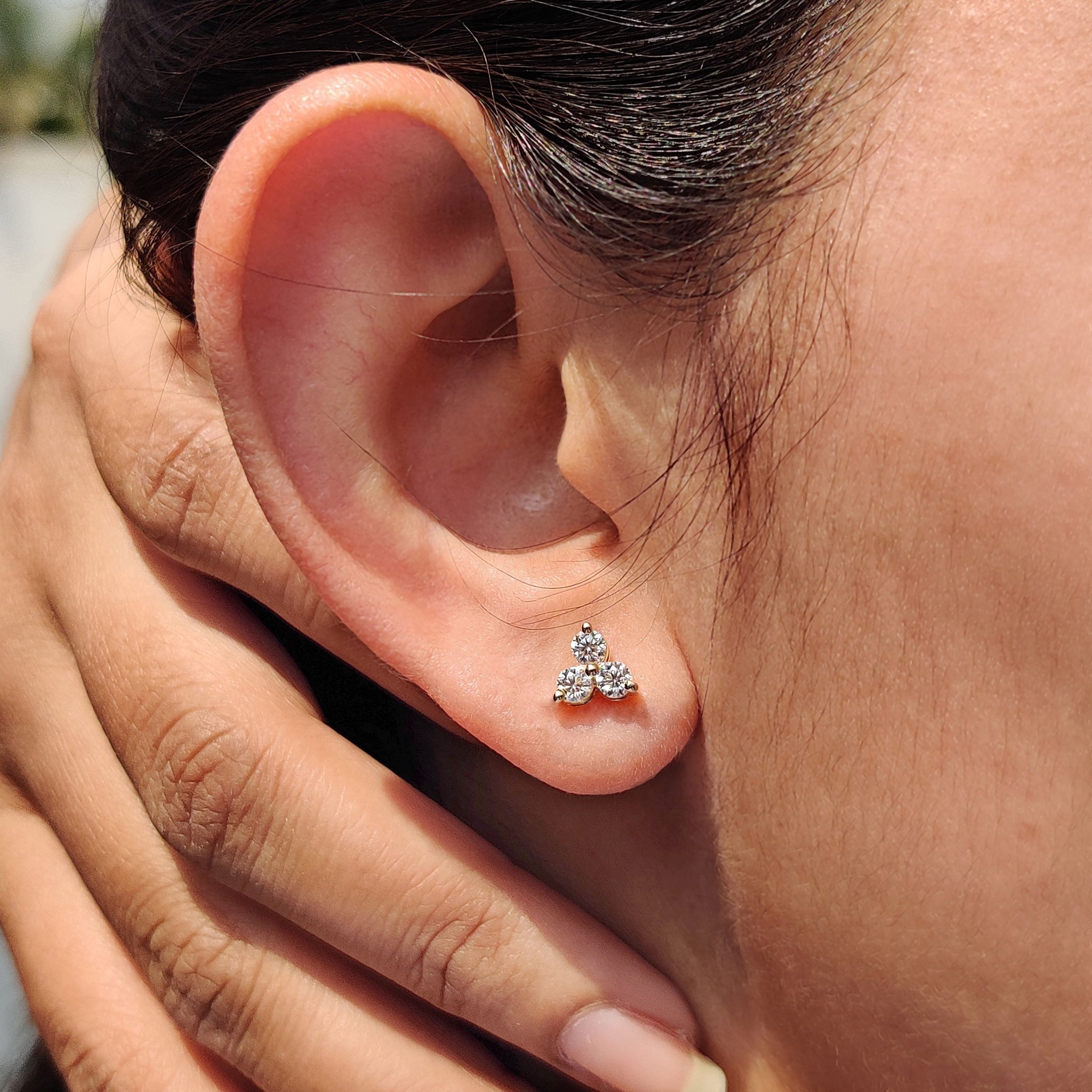 Three stone earrings crafted for Women Unique Wedding Gifts in white or yellow gold earrings.

