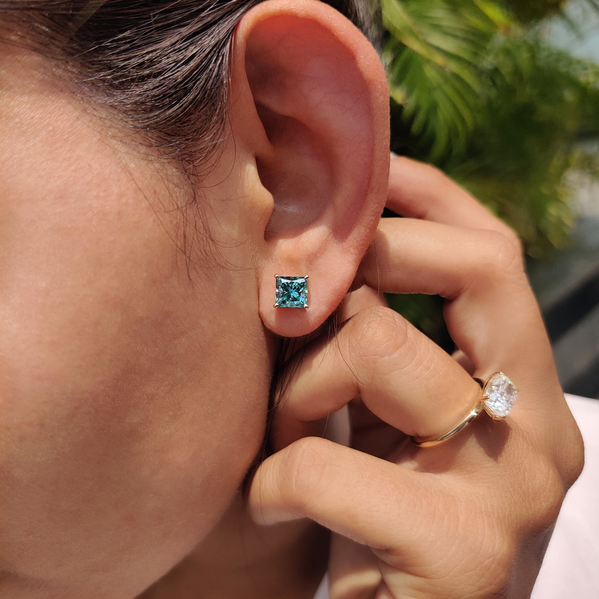 Princess Cut Moissanite earrings designed with push back earrings in handmade jewelry style.
