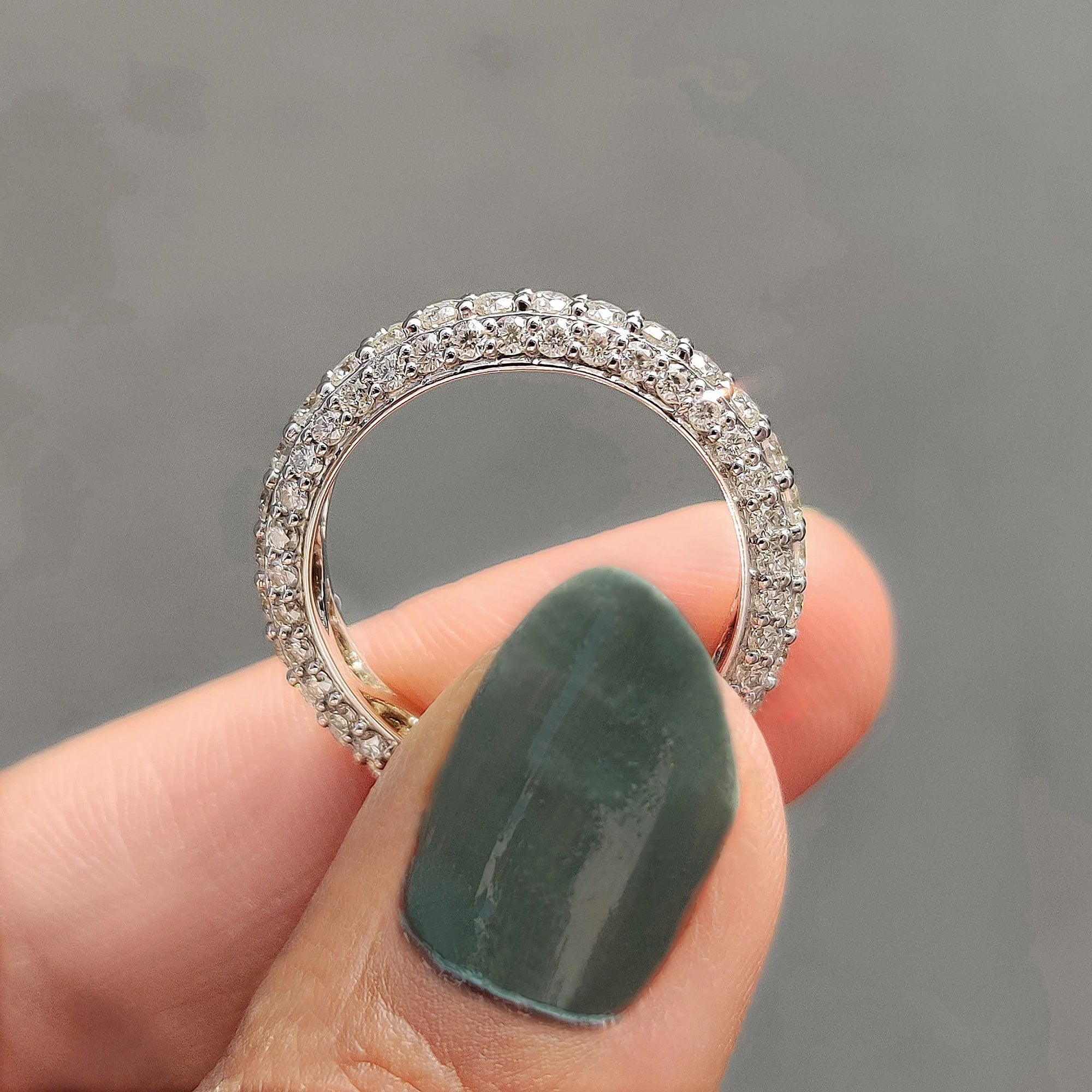 Full eternity band wraps stones around the whole band.
