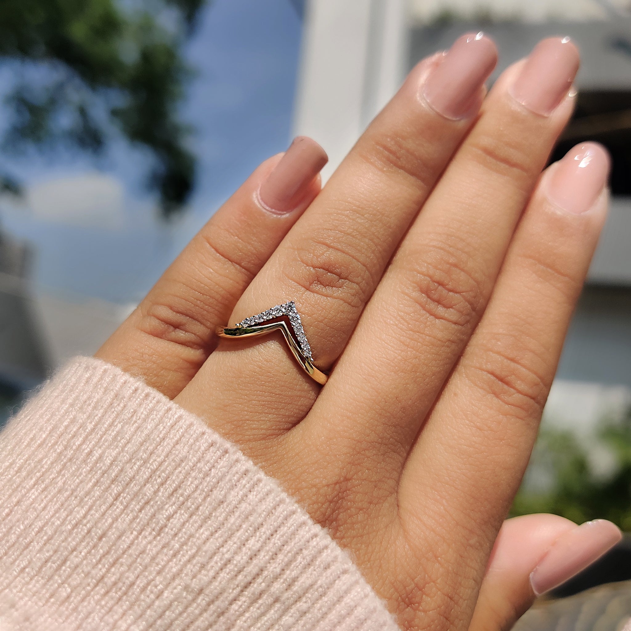 Handmade band with unique chevron pattern and luxurious finish.
