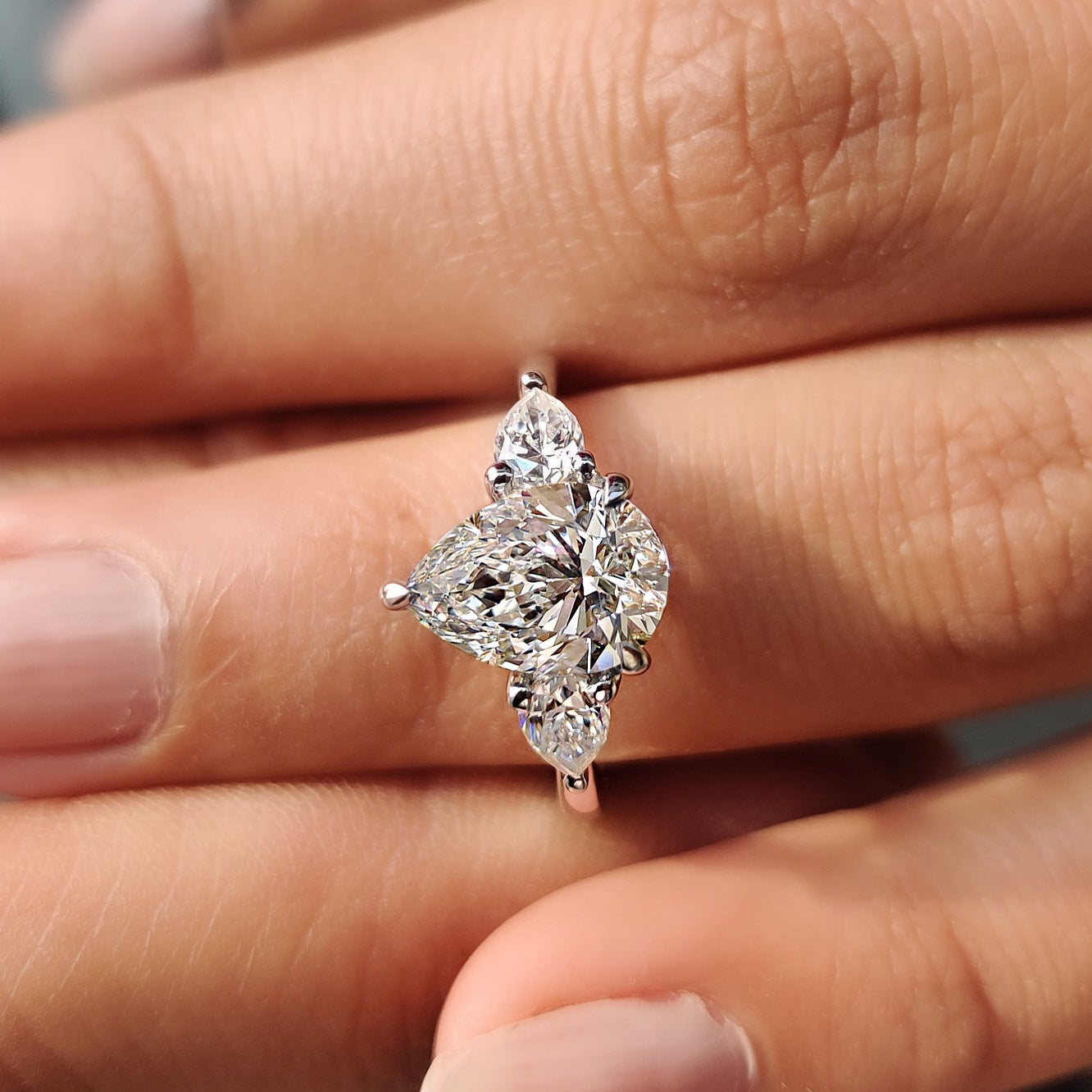Three Stone Diamond Ring in Pear Diamond Setting