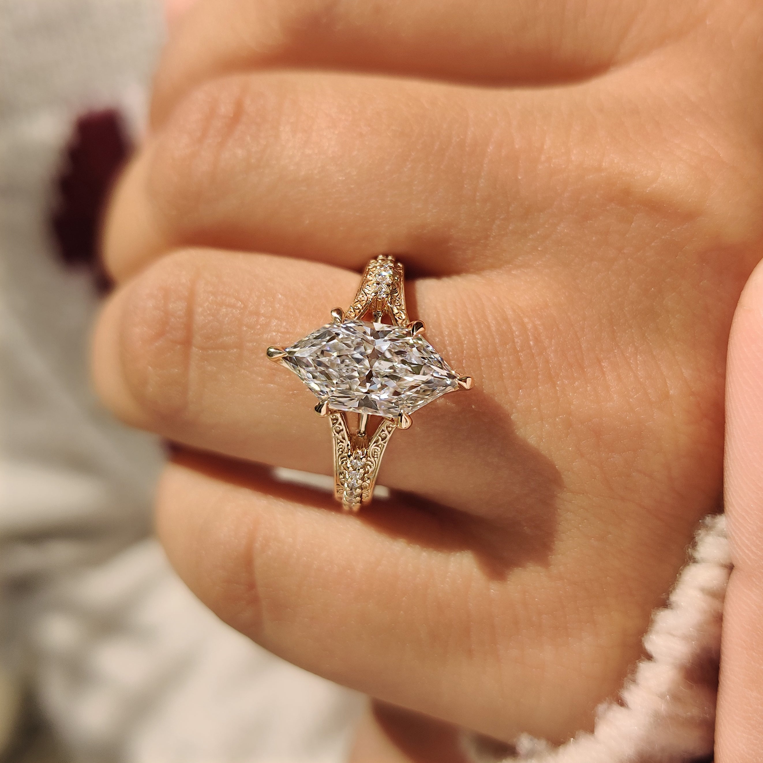 Art deco marquise ring with cathedral and tulip setting
