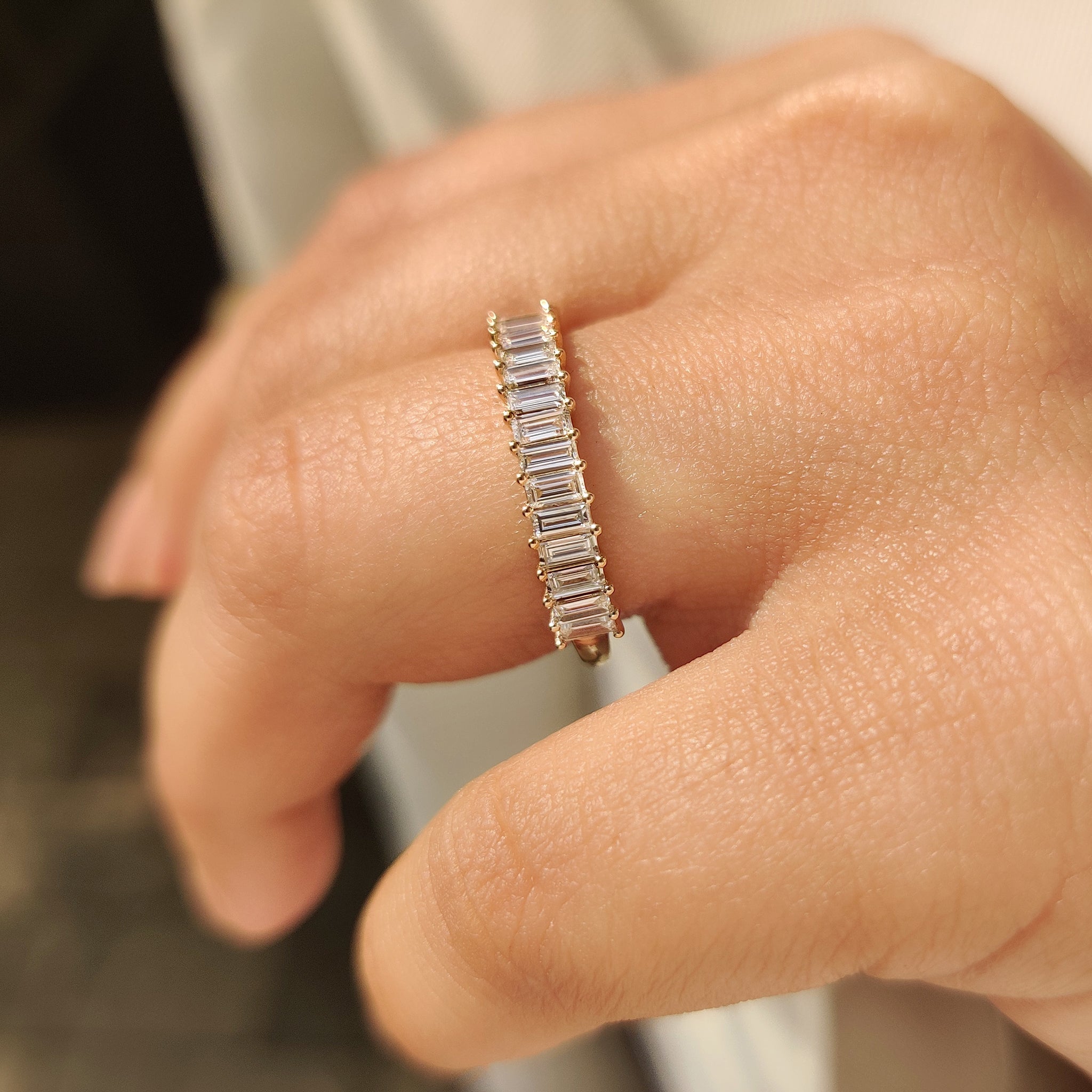 Handmade baguette diamond wedding band half eternity design.
