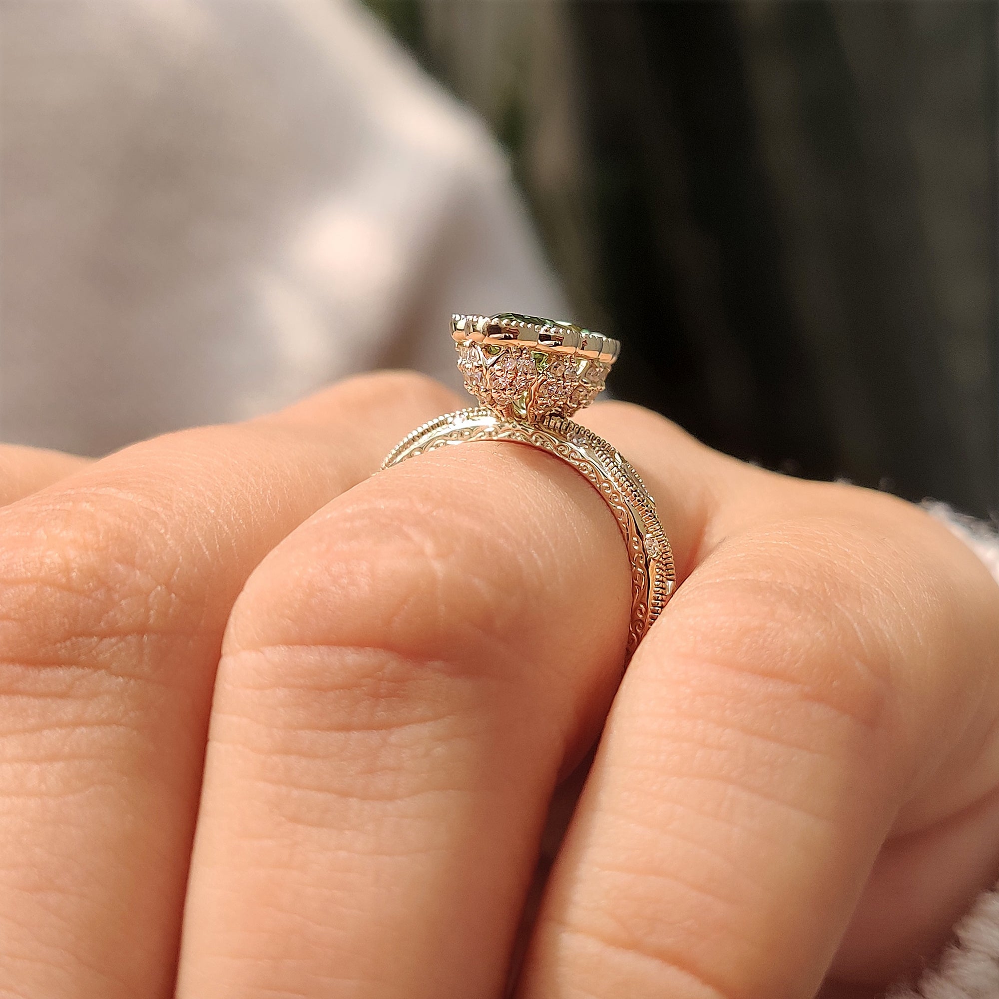 IGI certified 2.00 carat green marquise lab grown diamond ring.
