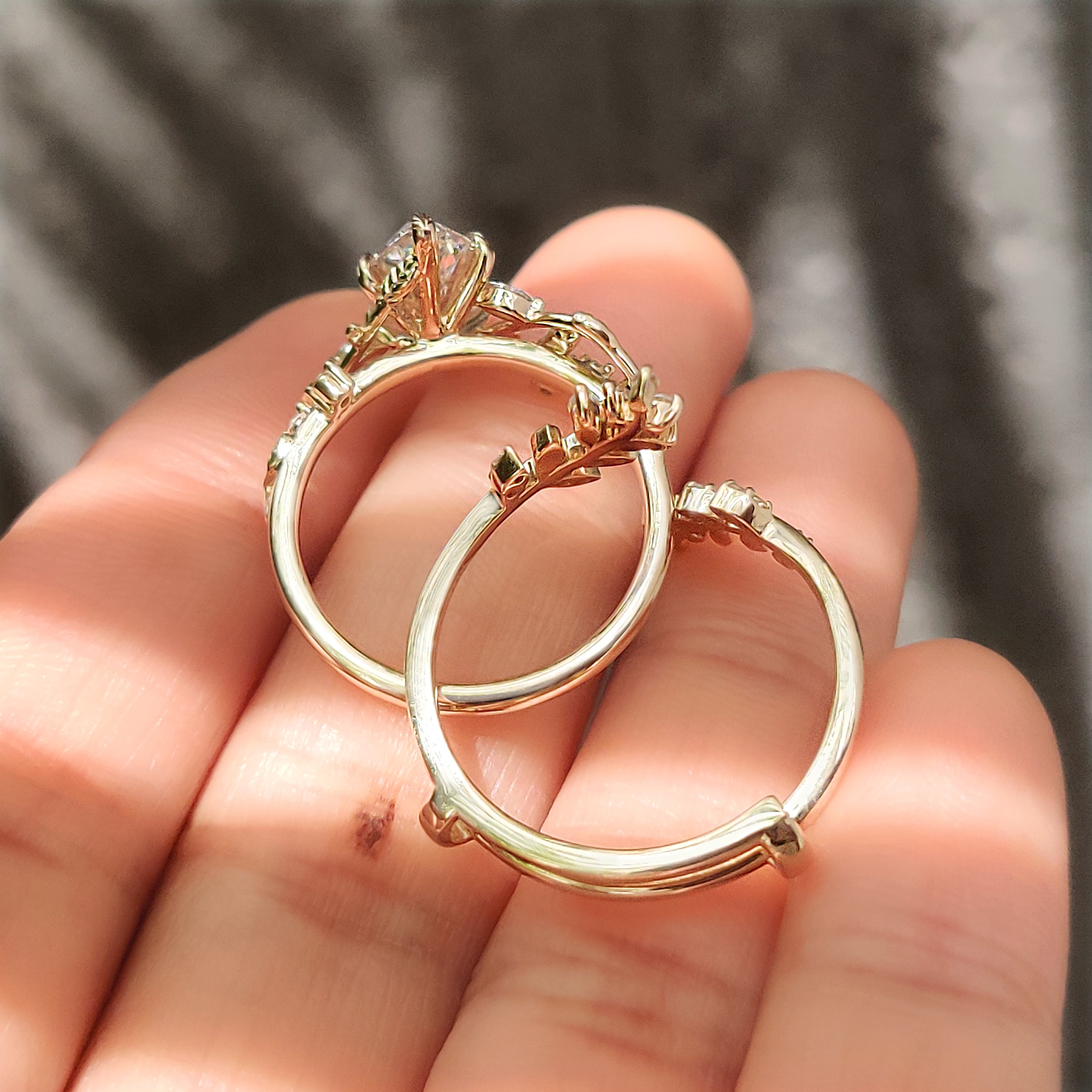 Marquise diamond ring set with curved nature inspired band
