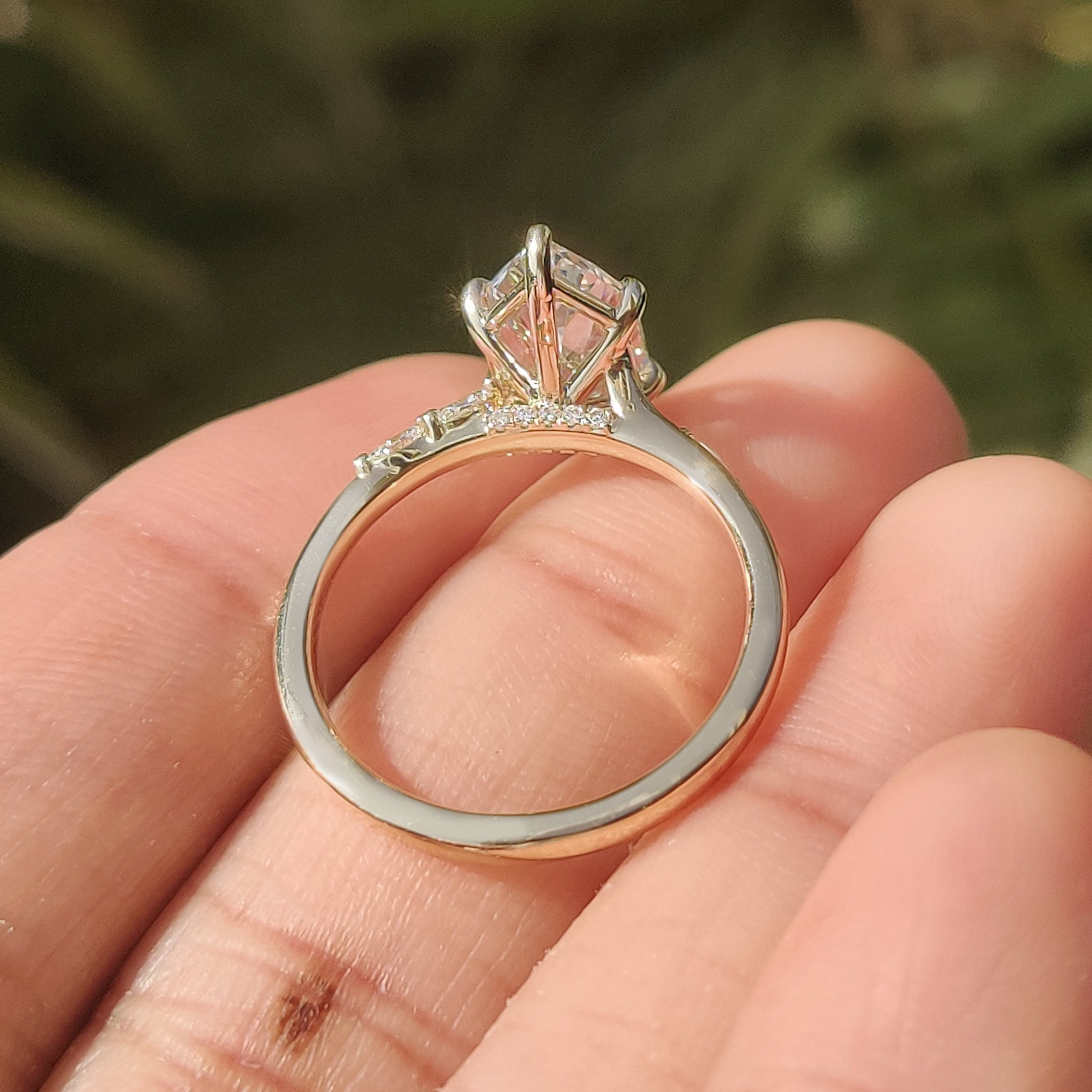 Basket setting marquise ring with lab grown diamonds.
