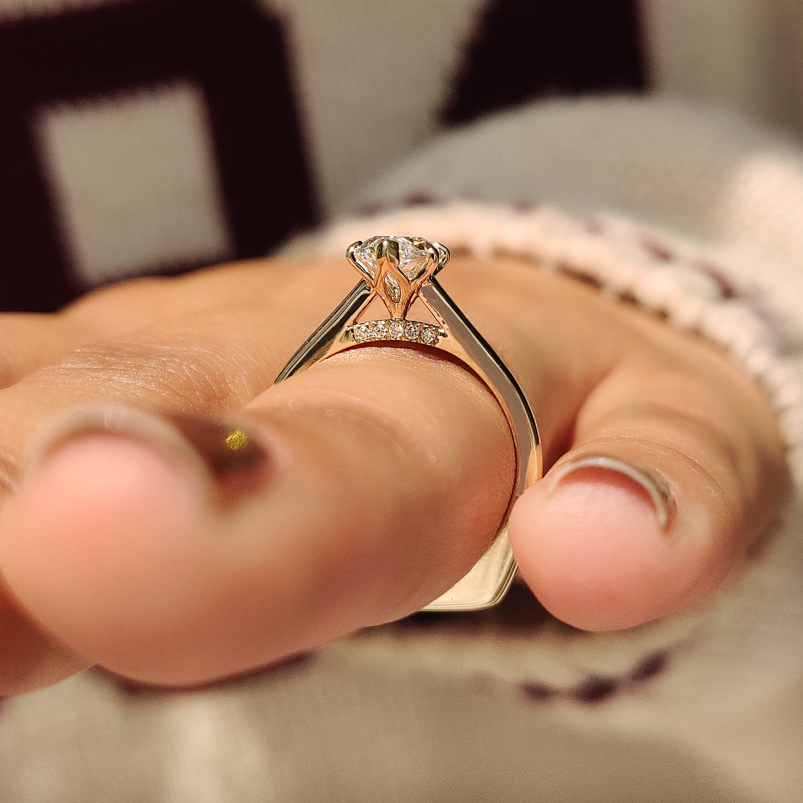 Solitaire Dutch marquise ring with cathedral and tulip setting
