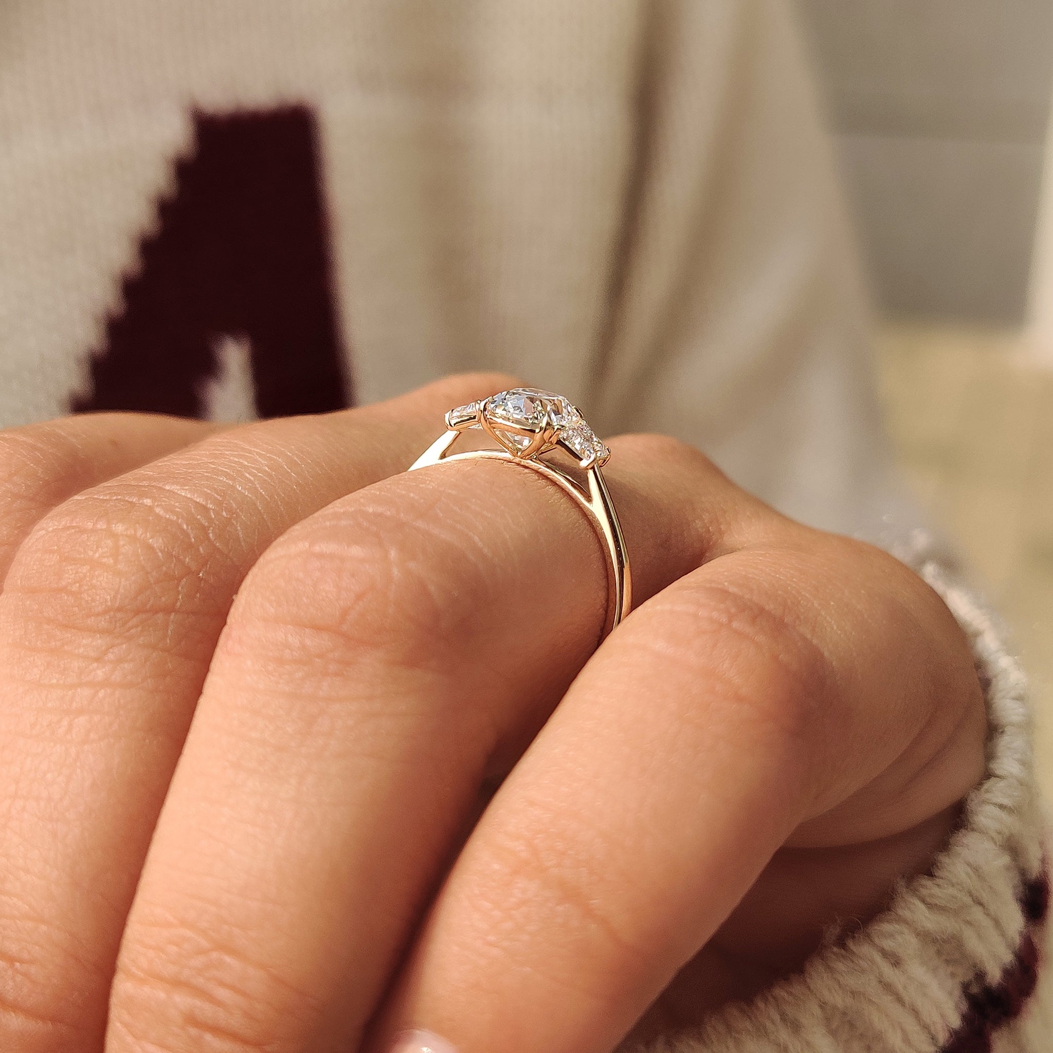 Old Mine cut cushion diamond ring with cathedral style
