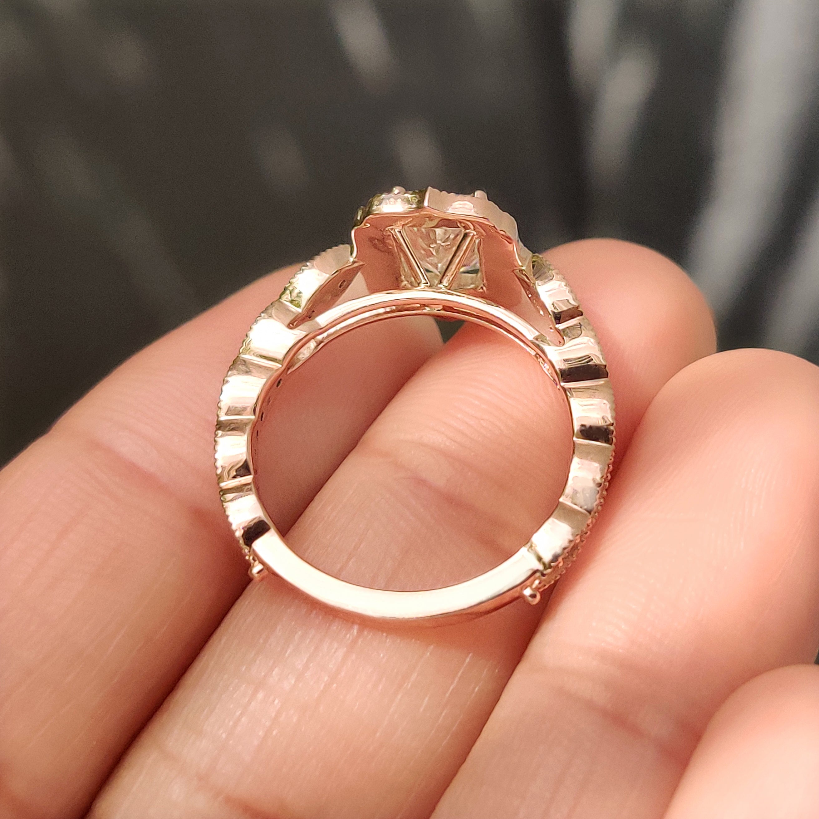 Radiant cut ring with milgrain and four prong.
