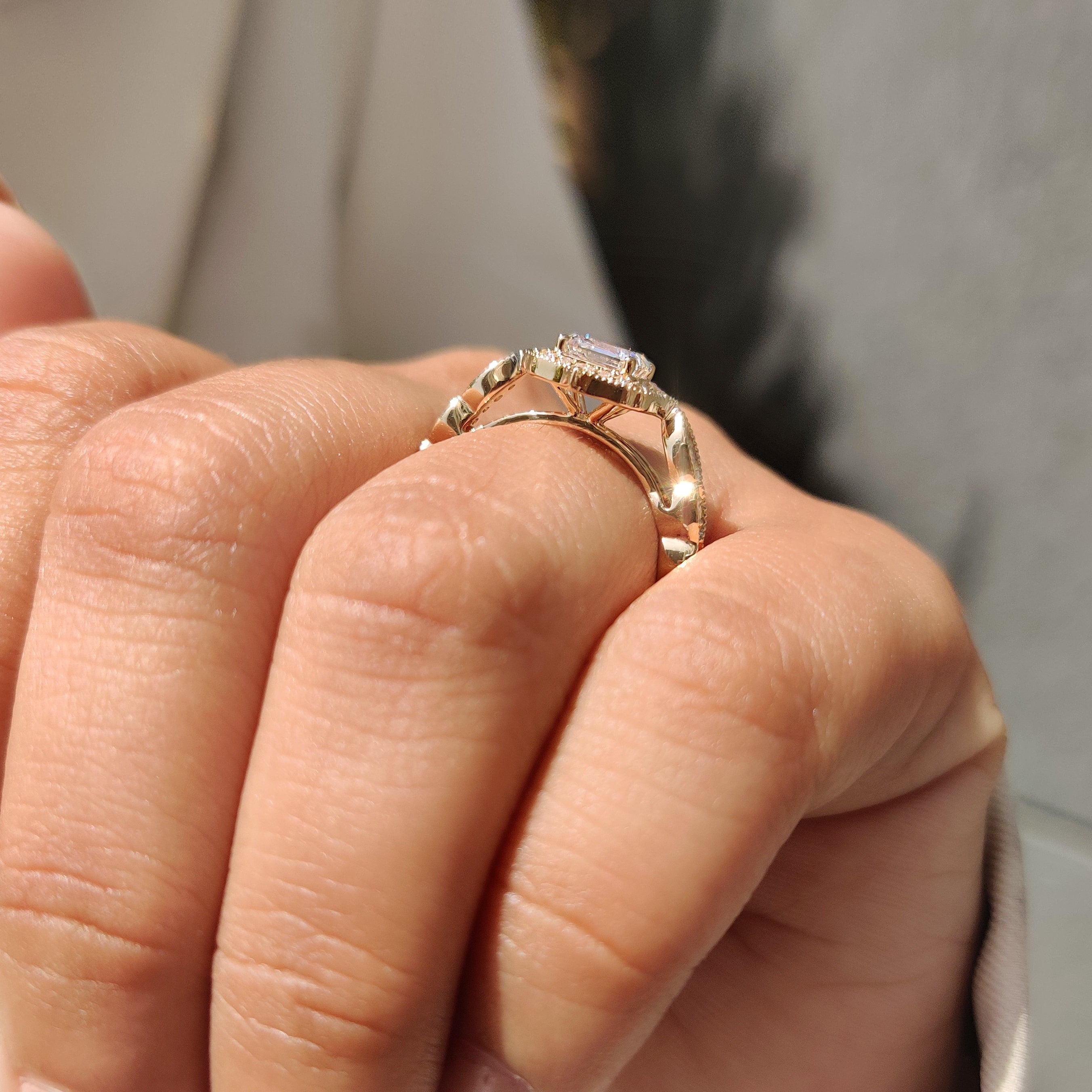 Asscher cut lab grown diamond ring with cathedral setting.
