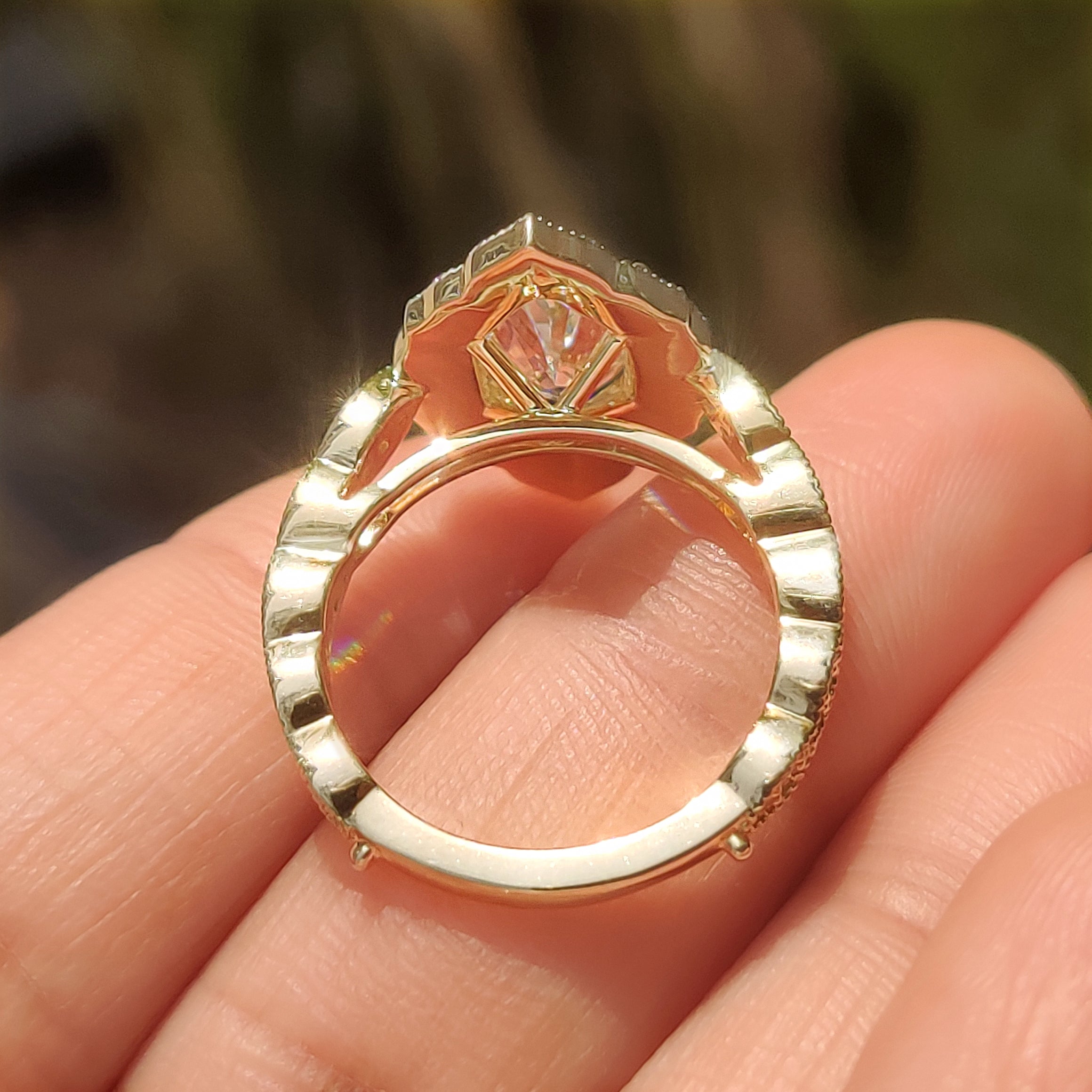 Lab grown diamond ring with dutch marquise center stone.

