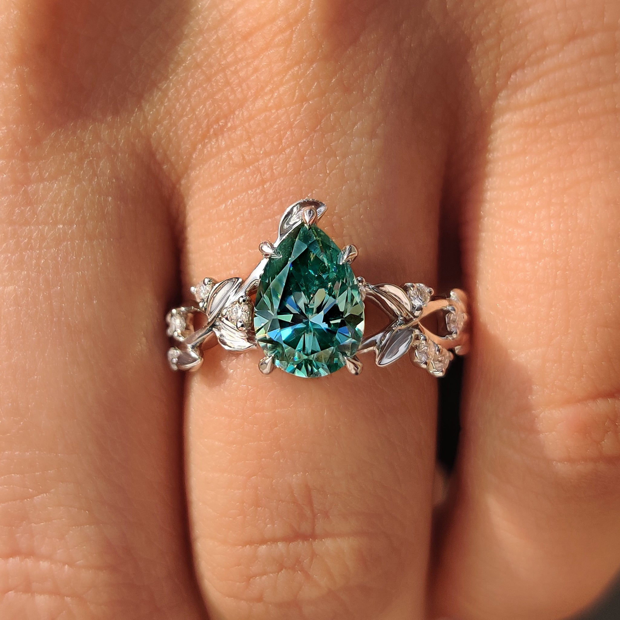 Handmade cyan blue moissanite pear ring floral design
