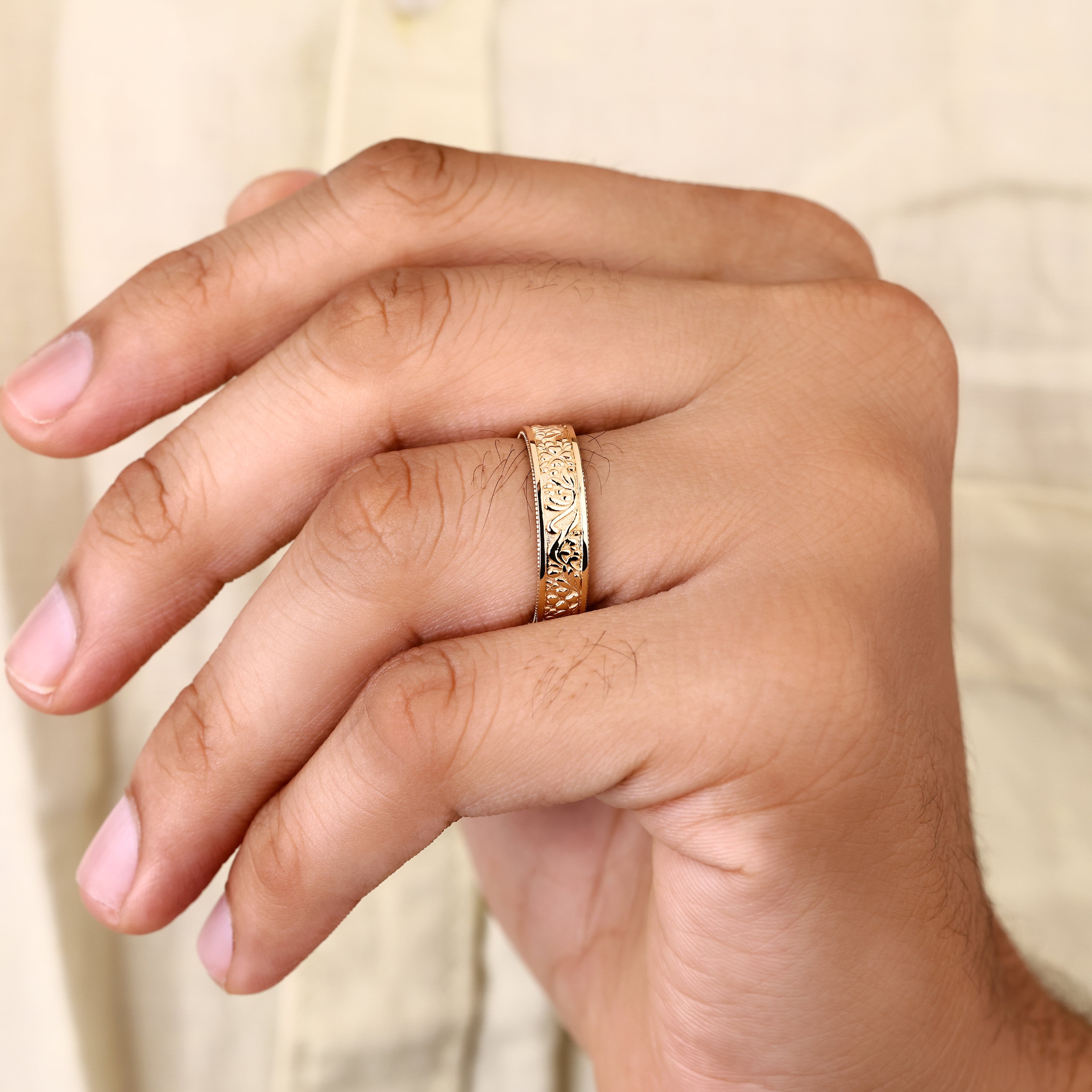 Art deco wedding band with comfort fit construction style
