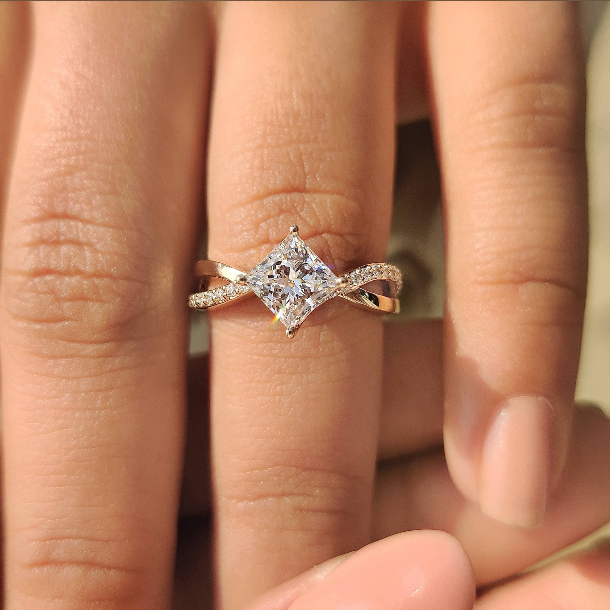 Lab grown princess cut diamond ring with euro shank
