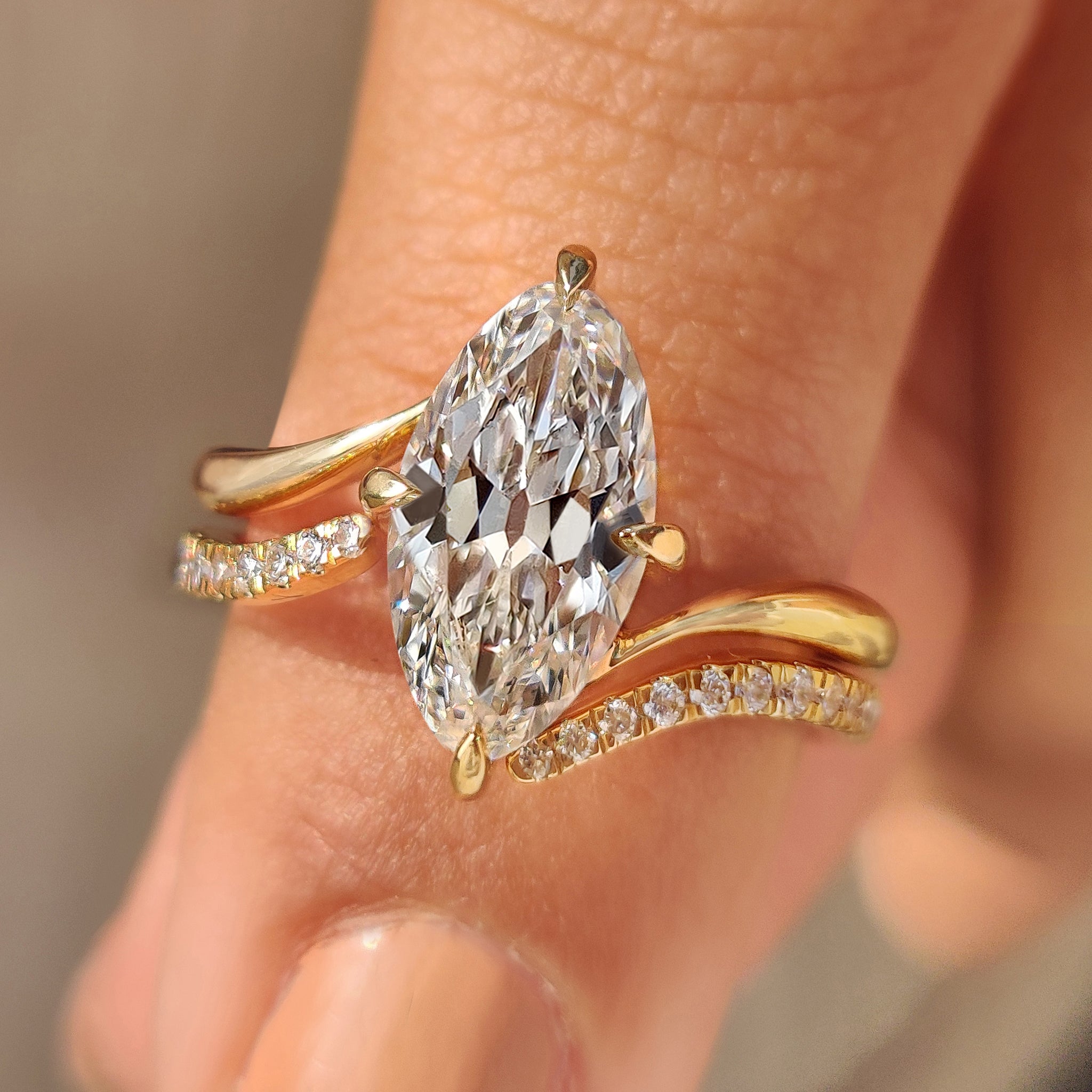 Marquise ring with wedding band in solitaire style bridal set

