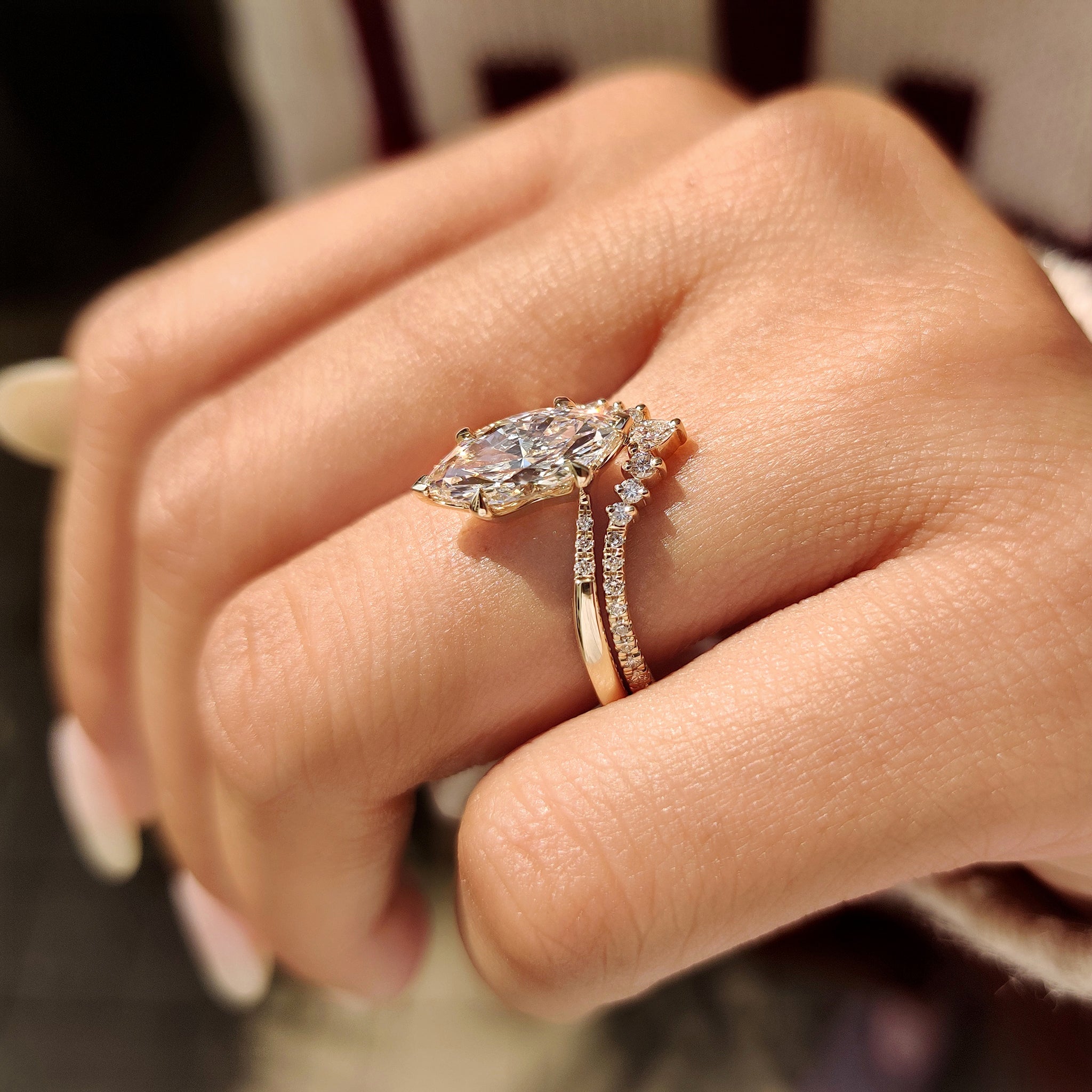 V shaped diamond ring with stackable band.
