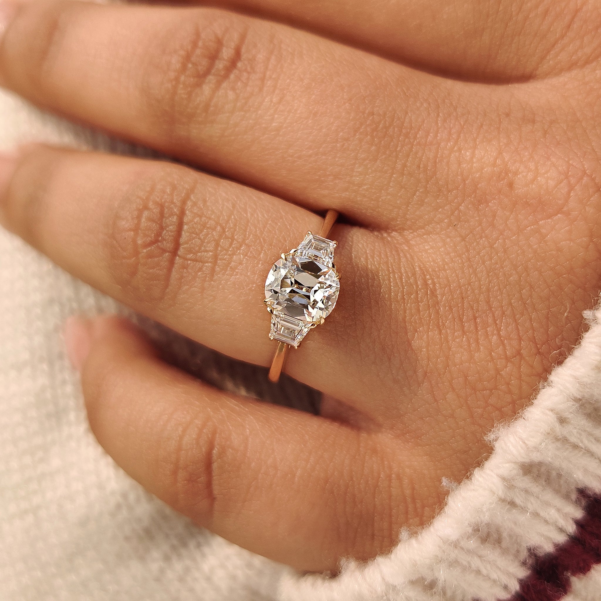 Cathedral setting cushion cut diamond ring with lab grown diamond
