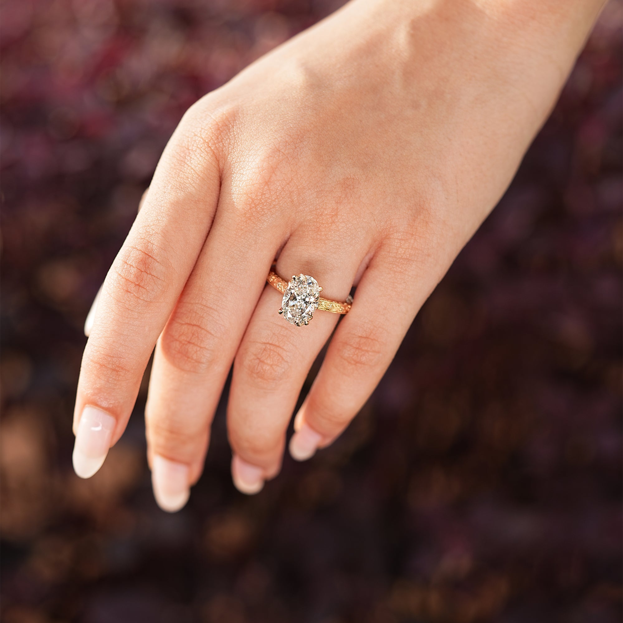 Oval Cut Nature Inspired Engagement Ring In Euro Shank