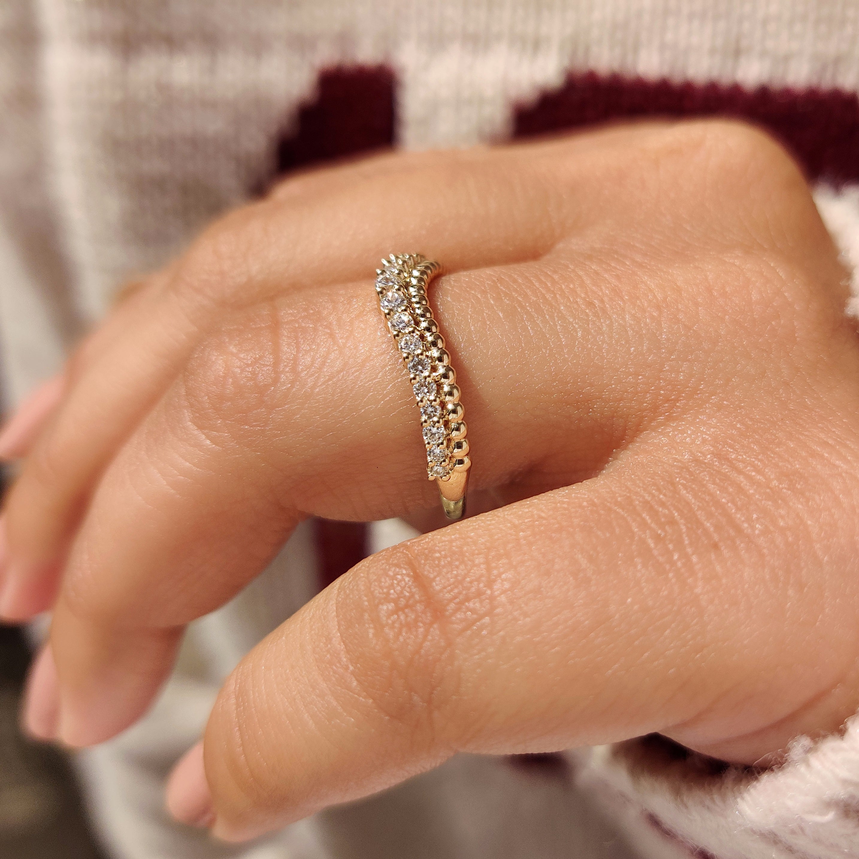 Lab grown diamond curved band with double row design.
