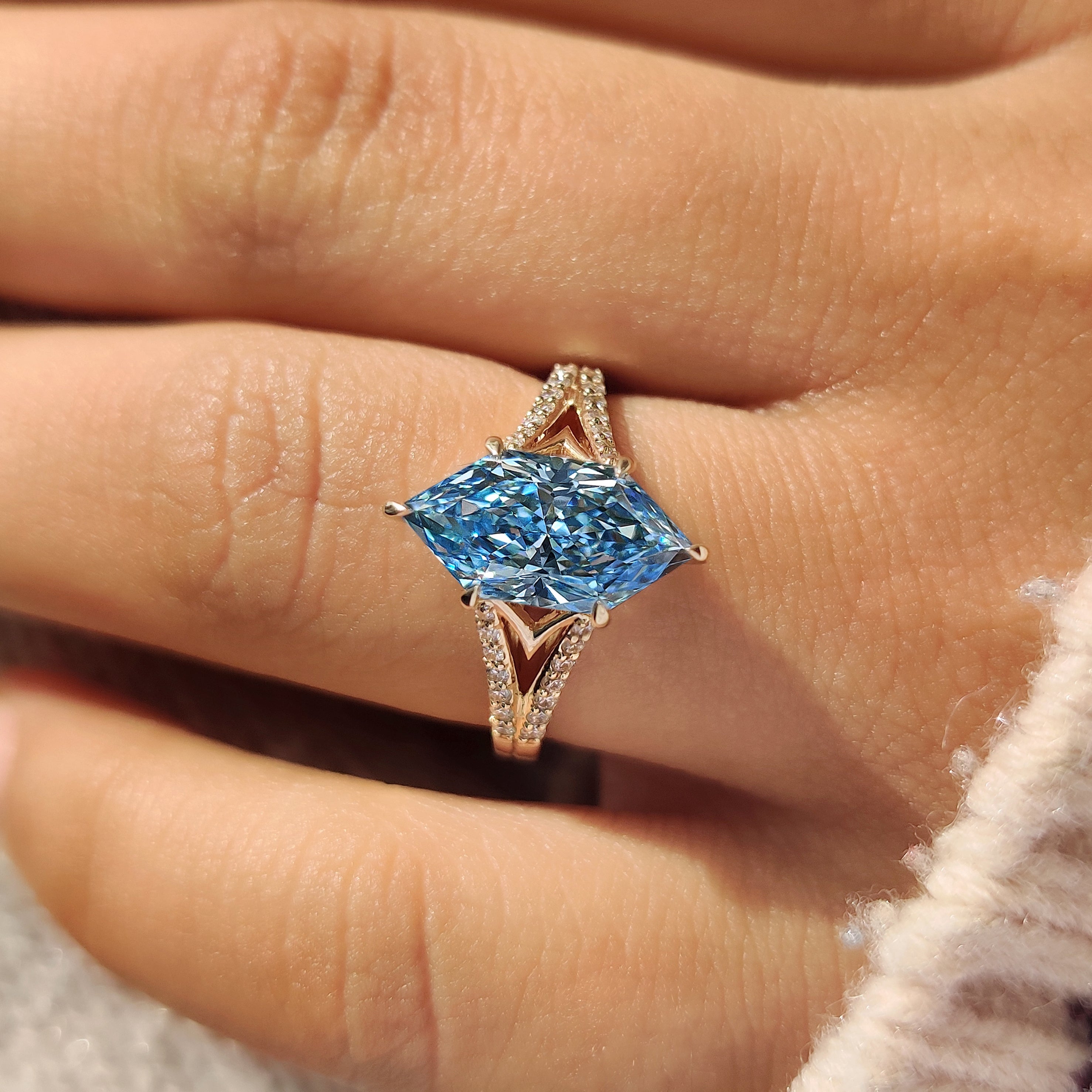 Lab grown Dutch marquise diamond ring with pave shank
