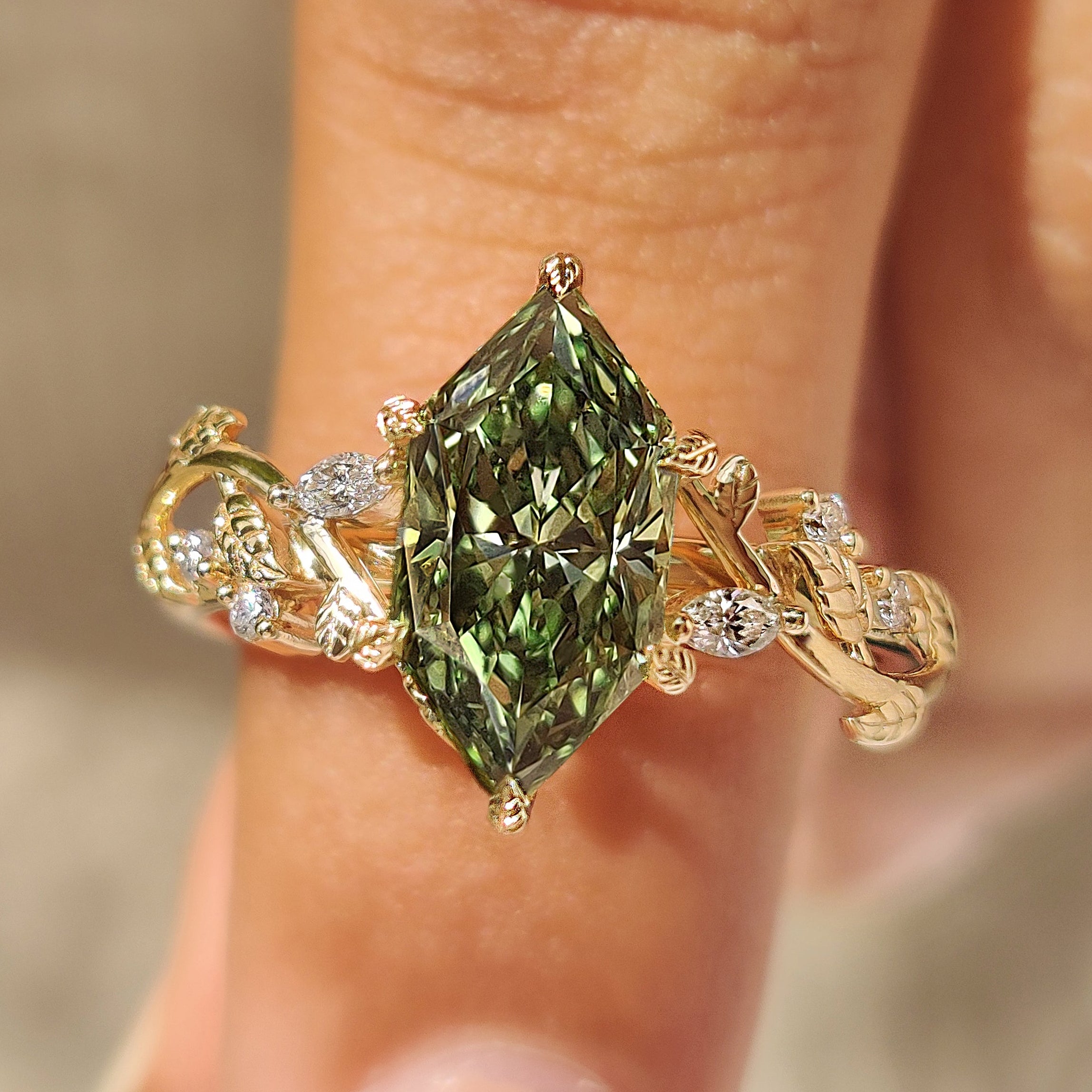 Dutch marquise engagement ring with green center lab diamond
