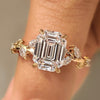 Nature inspired ring with old mine emerald cut diamond
