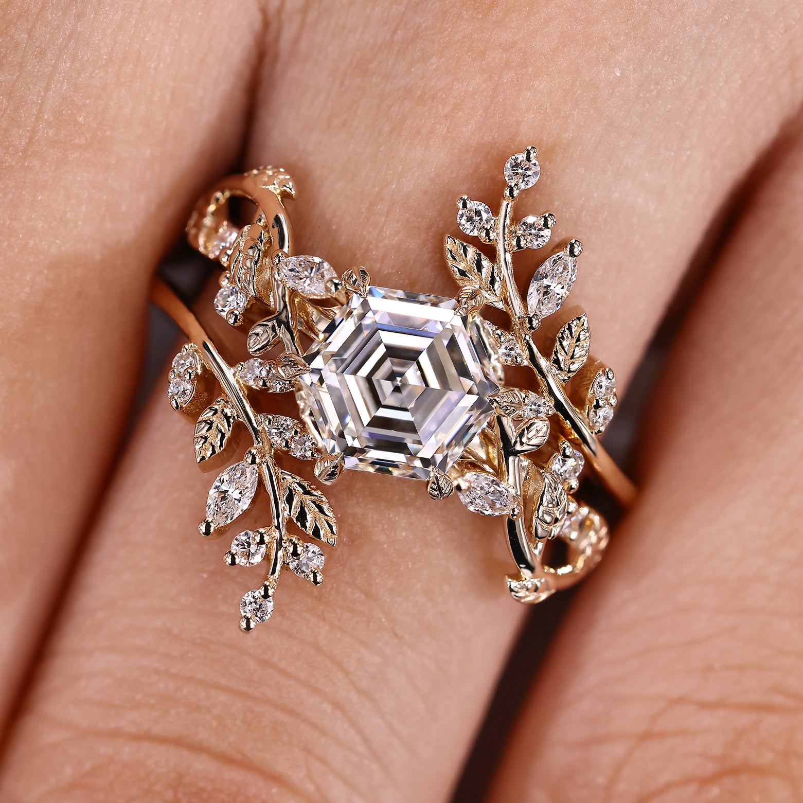 Handmade engagement ring set with leaf style prong setting
