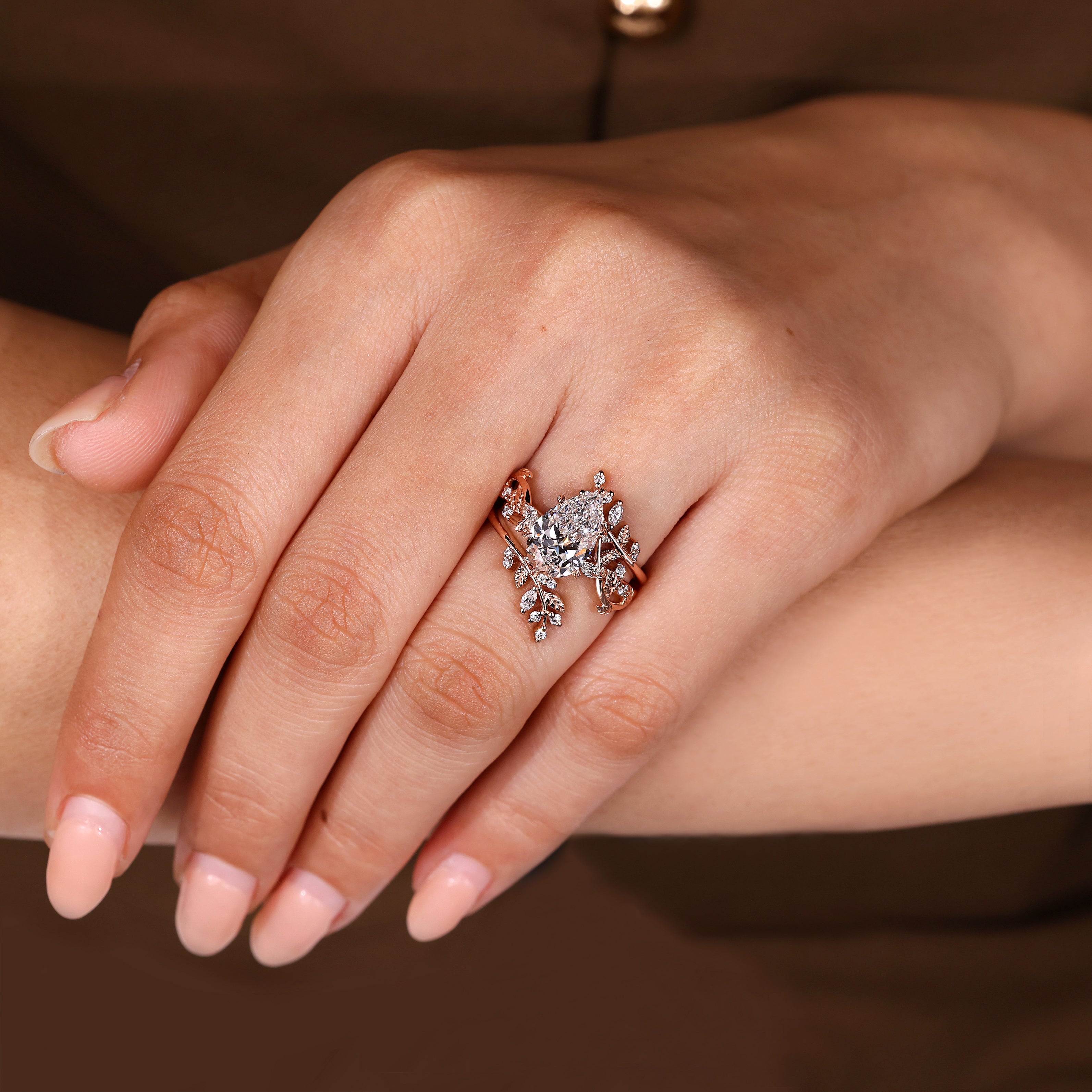 Nature inspired wedding band with pear shaped diamond ring
