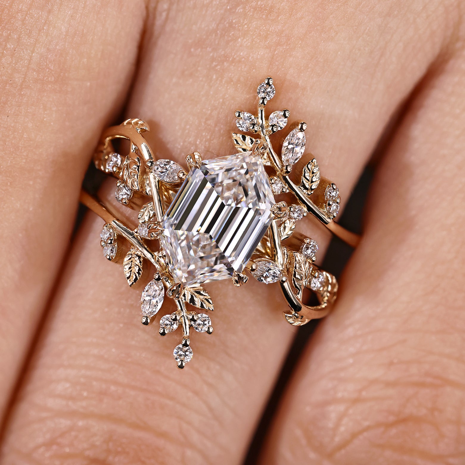 Handmade hexagon diamond ring with cluster setting and wrap band
