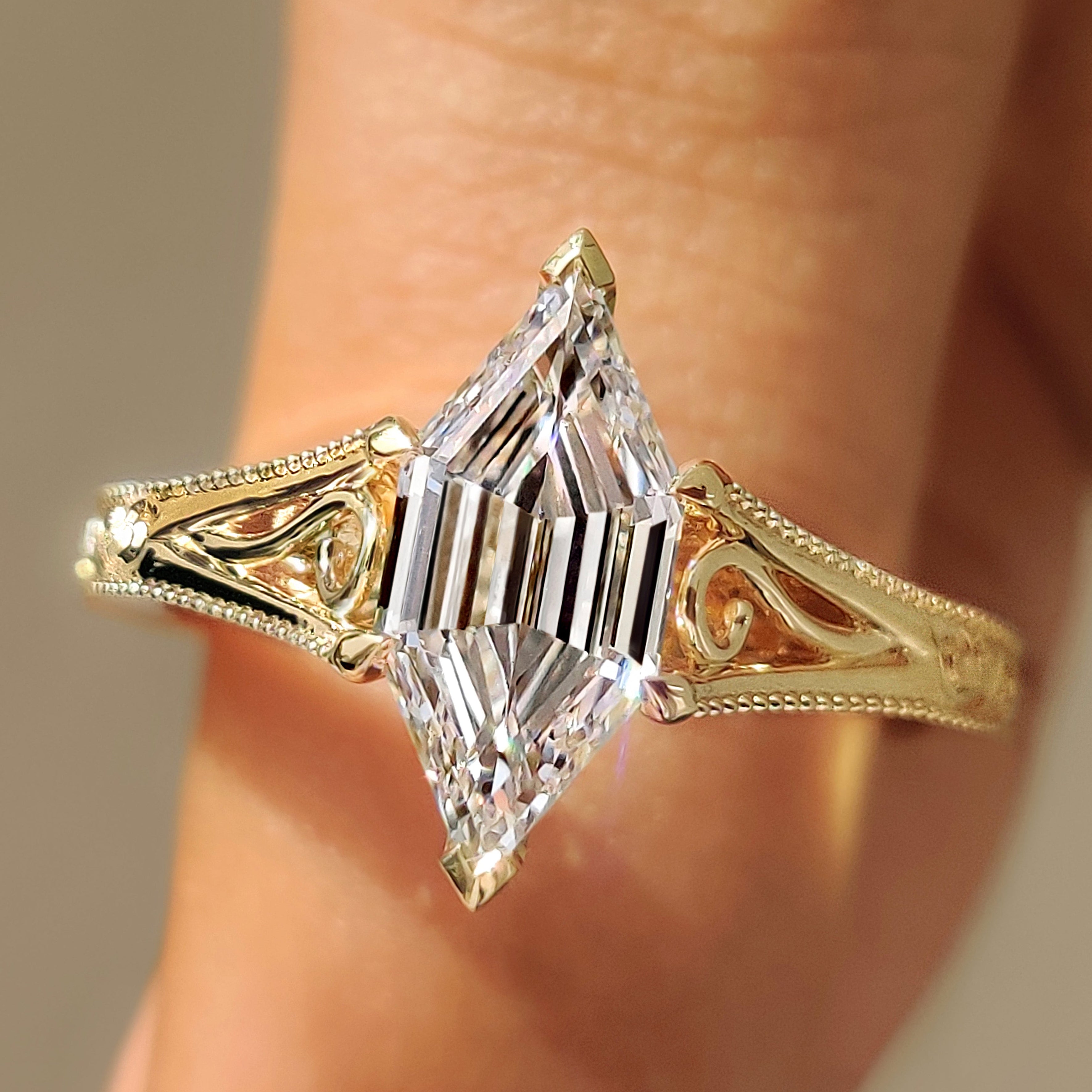 Hexagon step lab grown diamond solitaire ring with milgrain details
