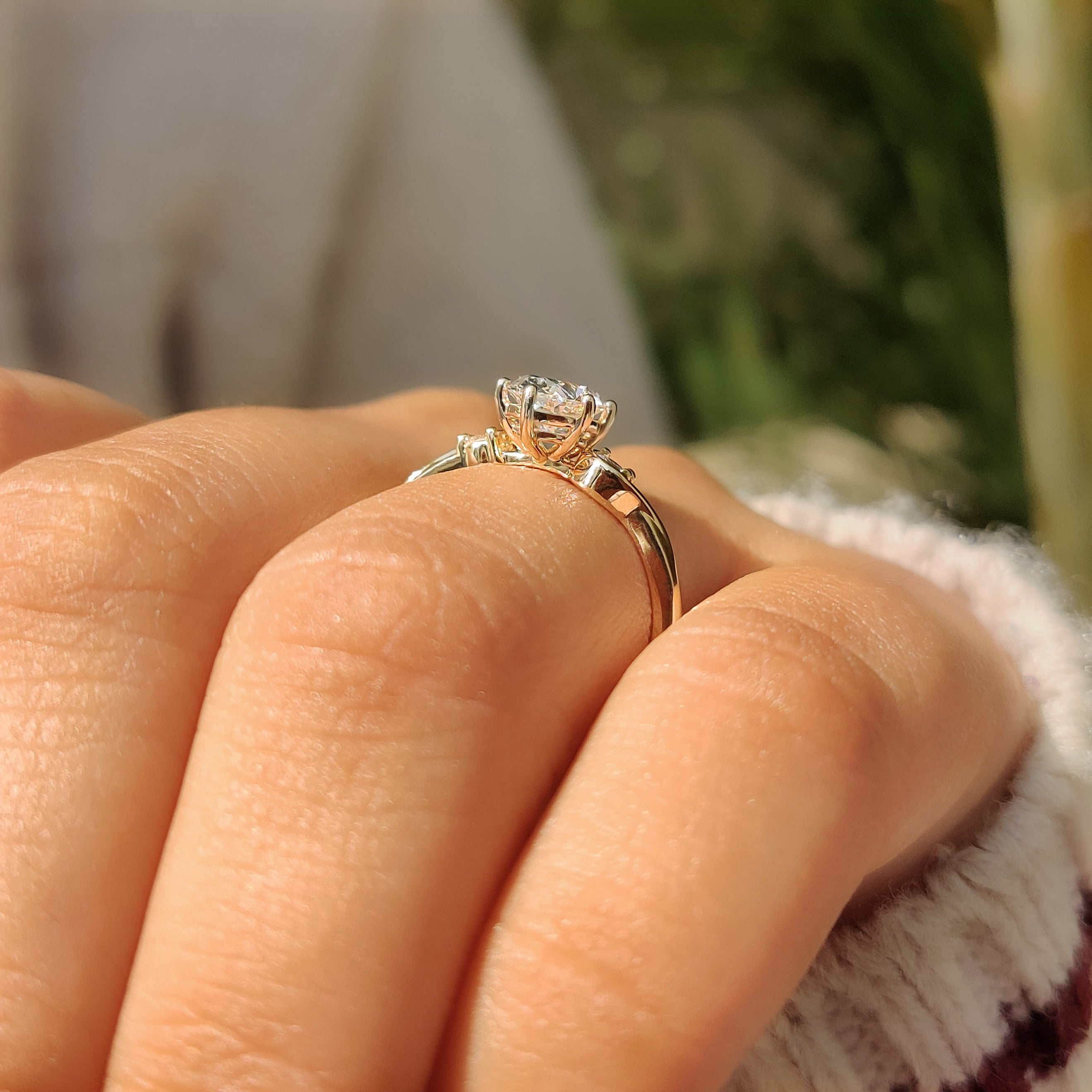 Oval lab diamond ring with basket and six prongs
