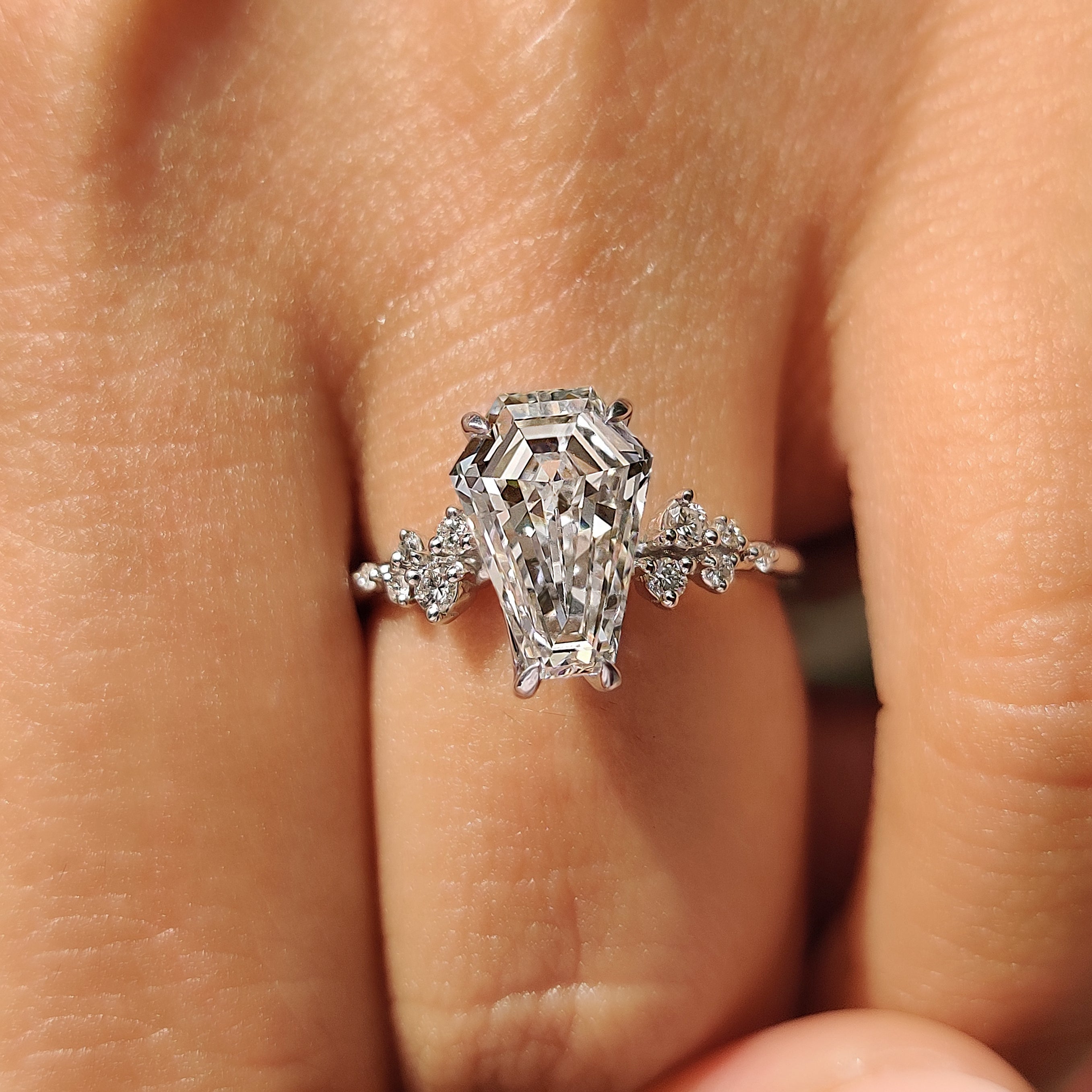 Lab grown coffin diamond ring with hidden accent diamonds
