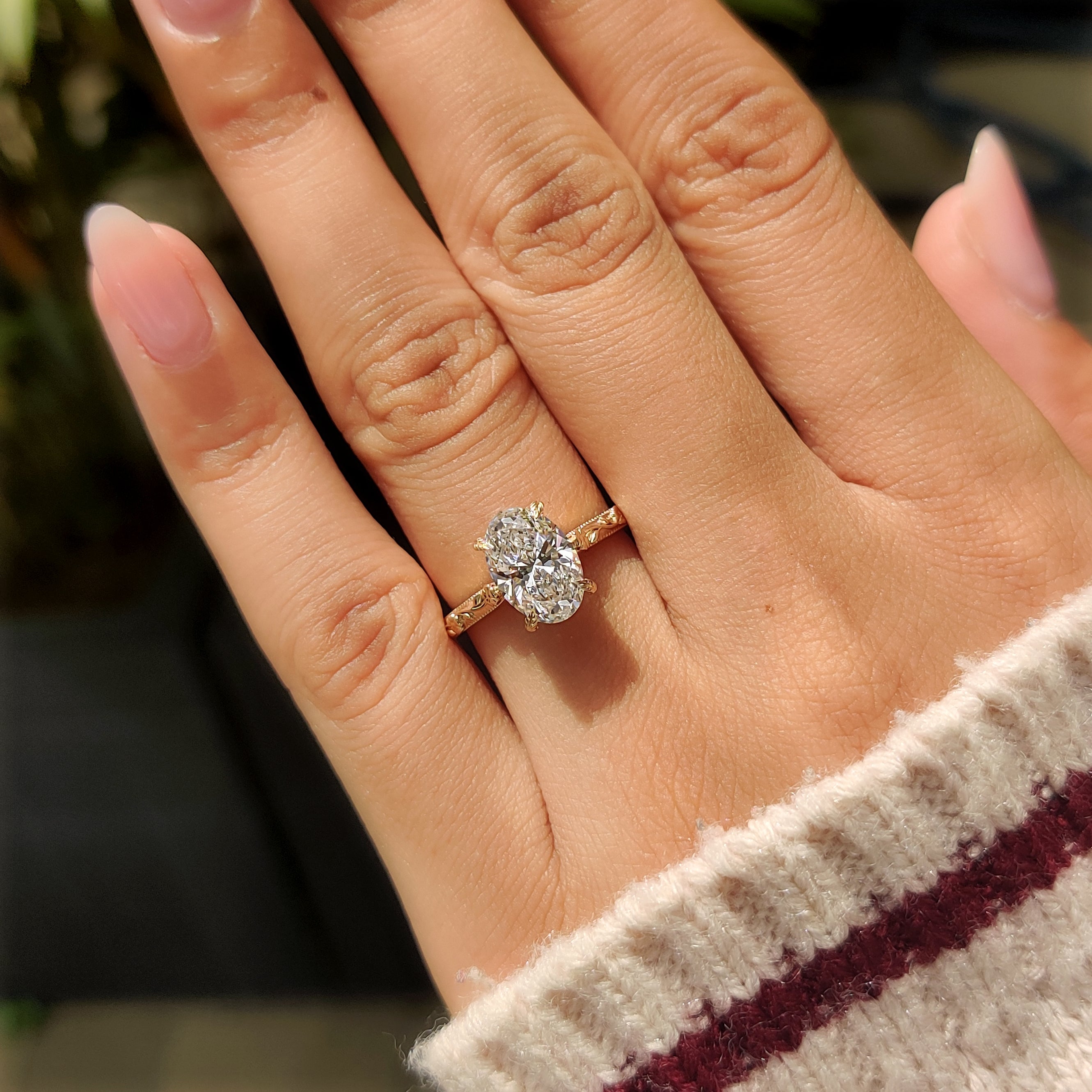 Oval Engagement Ring with Flower Shank in Solitaire Style