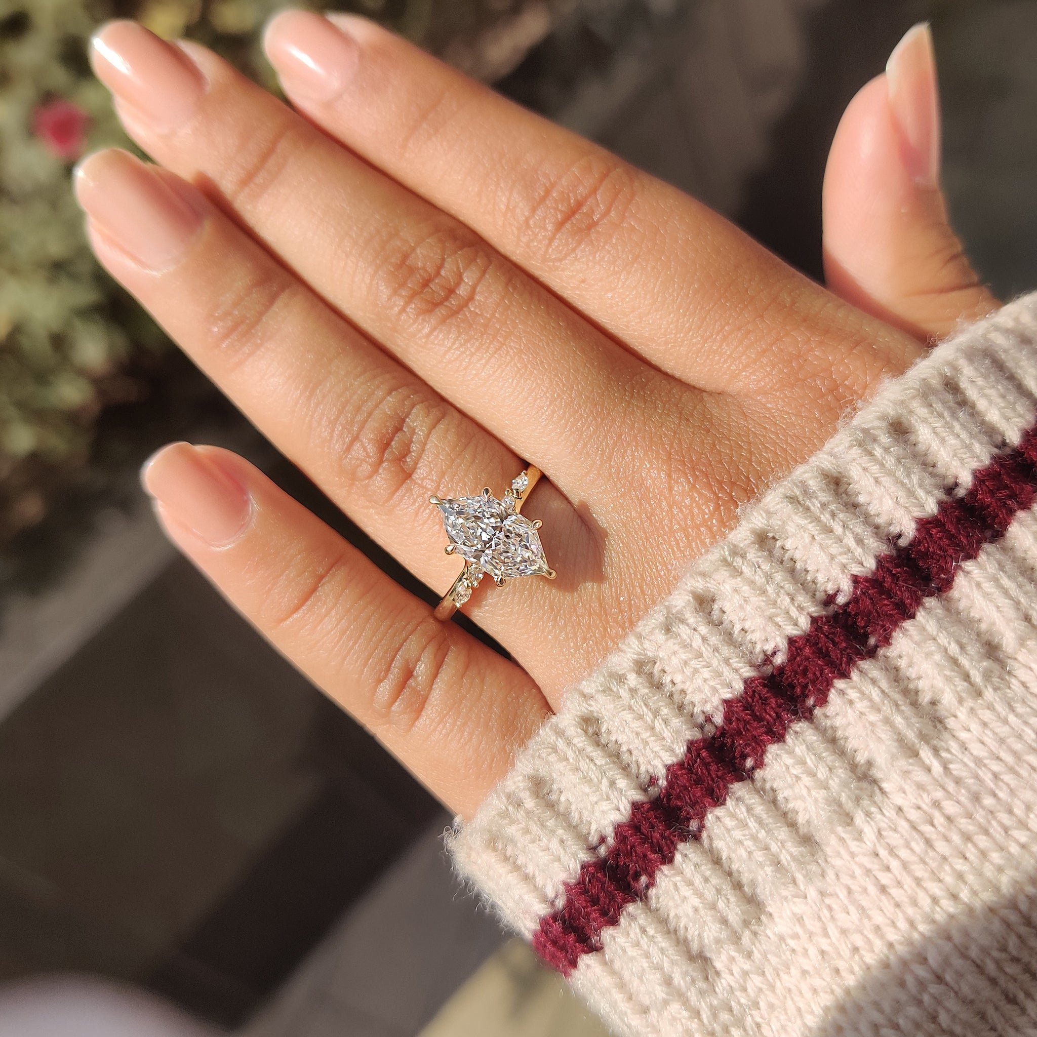 Lab grown dutch marquise ring with basket setting.
