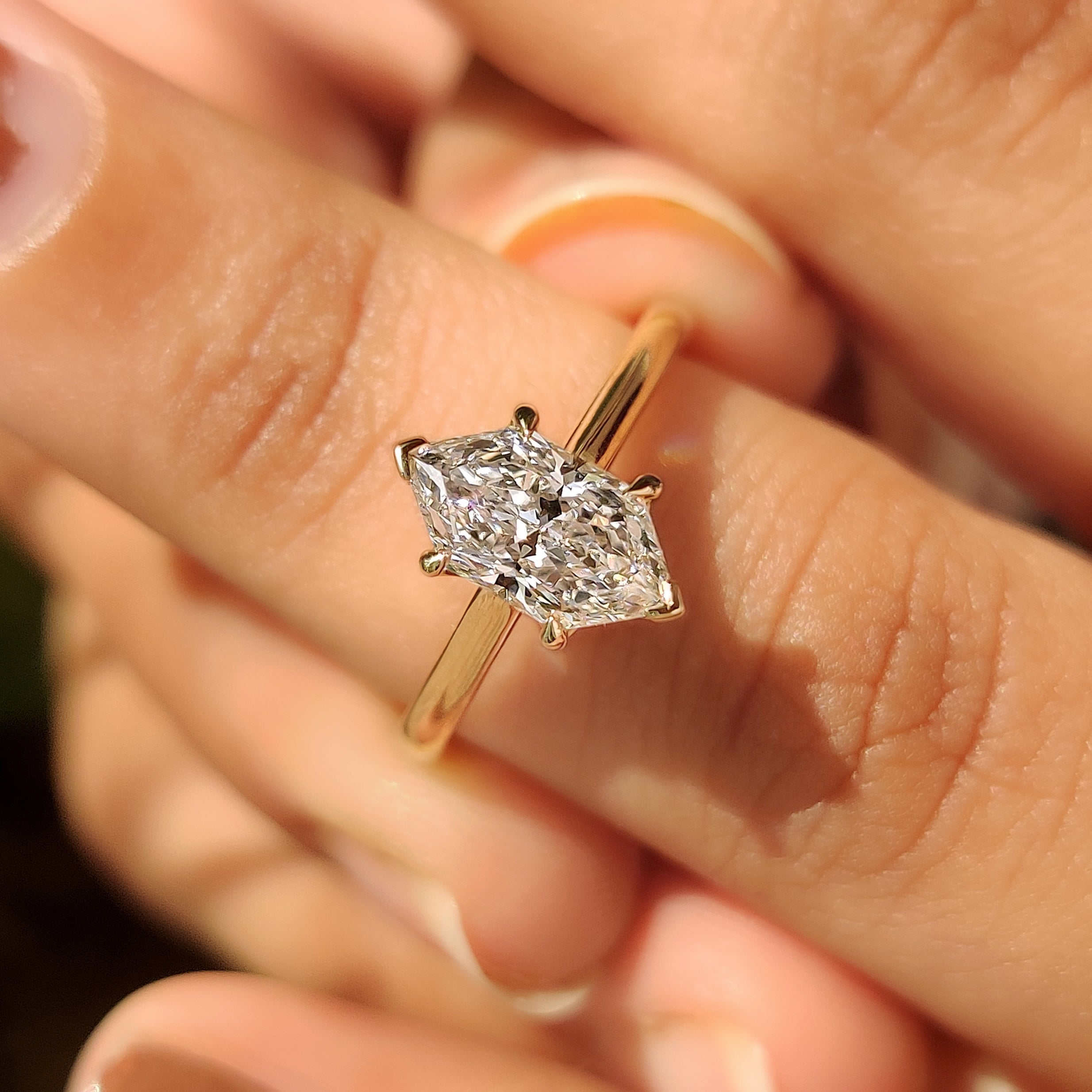 Lab grown Dutch marquise ring with cathedral style setting
