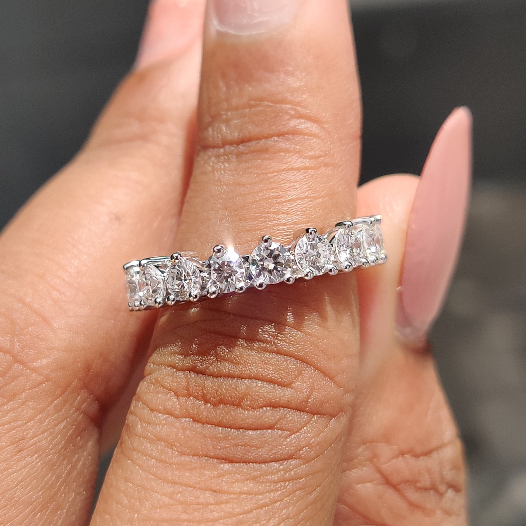 Round diamond band with lab grown diamonds set in white gold.
