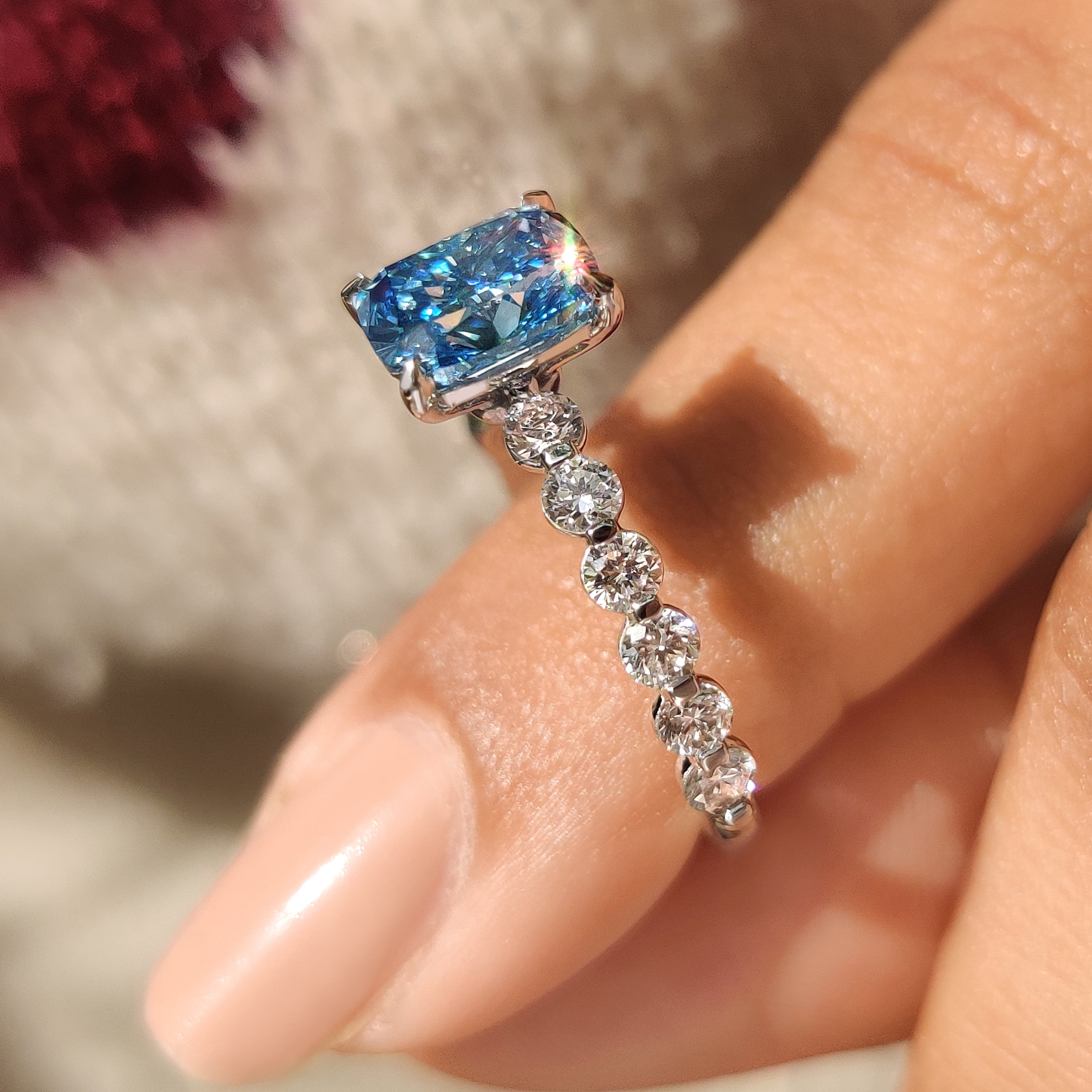 IGI certified cushion diamond ring with pave.
