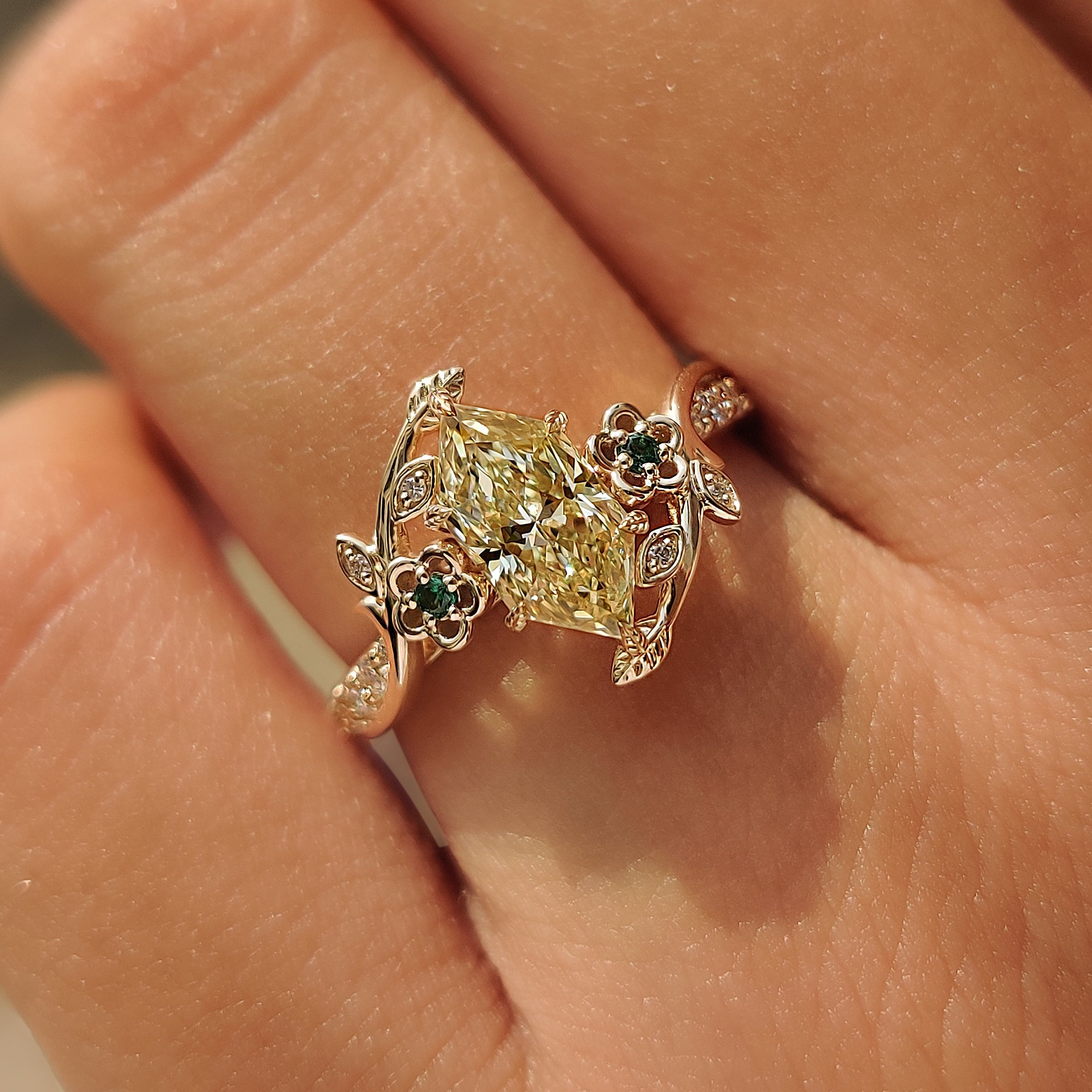Lab grown yellow Dutch marquise diamond ring in nature inspired style.
