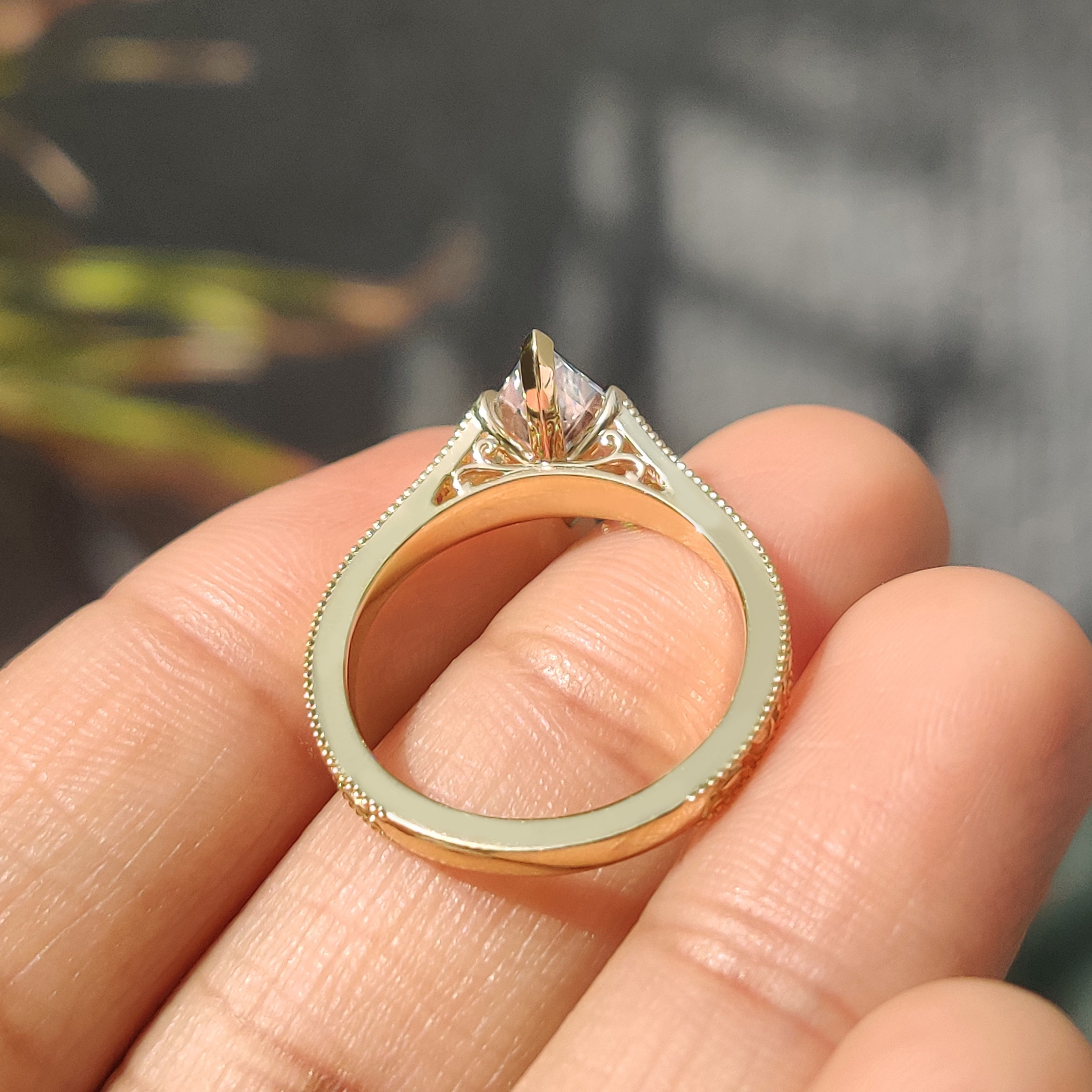 Carat Diamond hexagon ring with vintage style milgrain details
