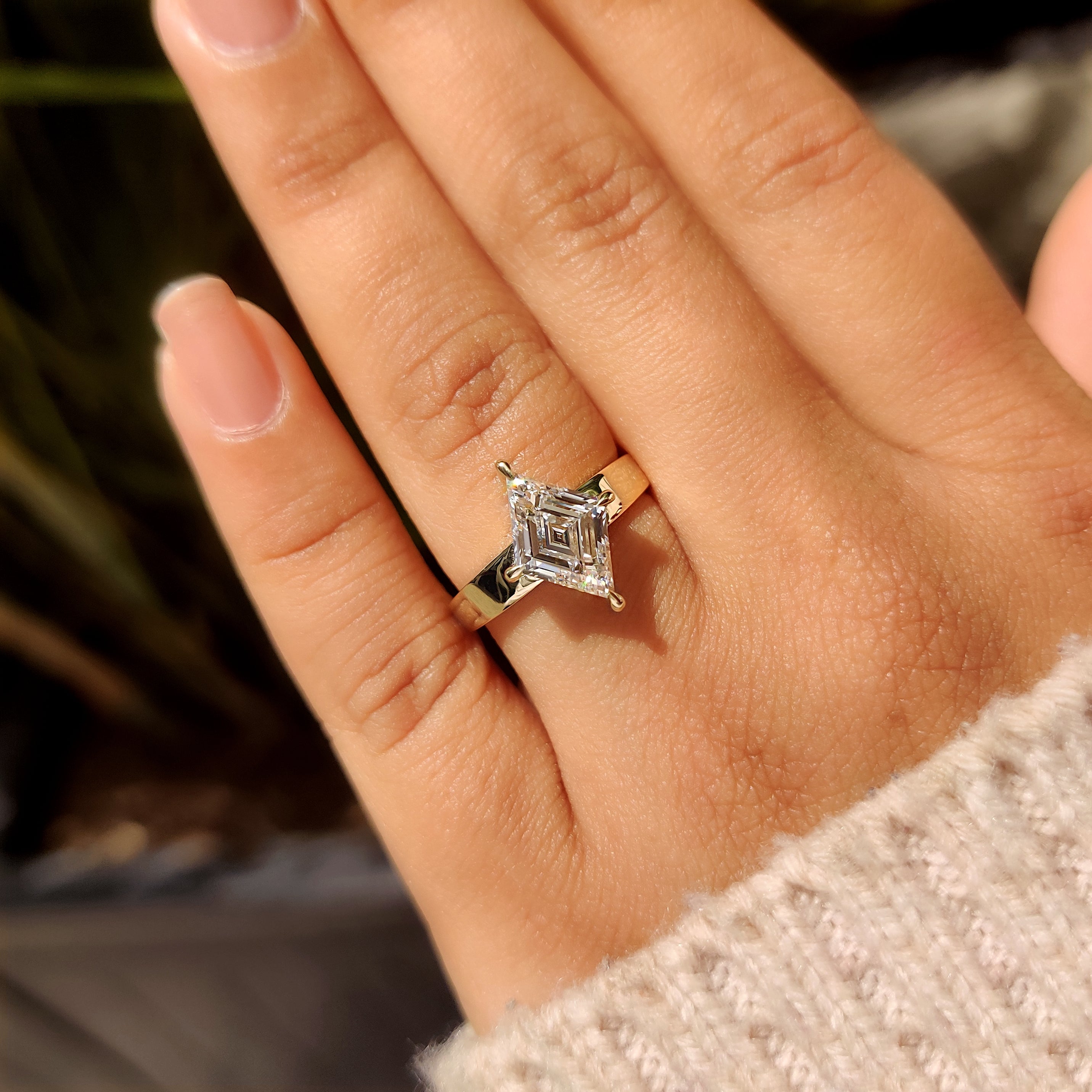 Lozenge lab diamond ring with solitaire style and claws

