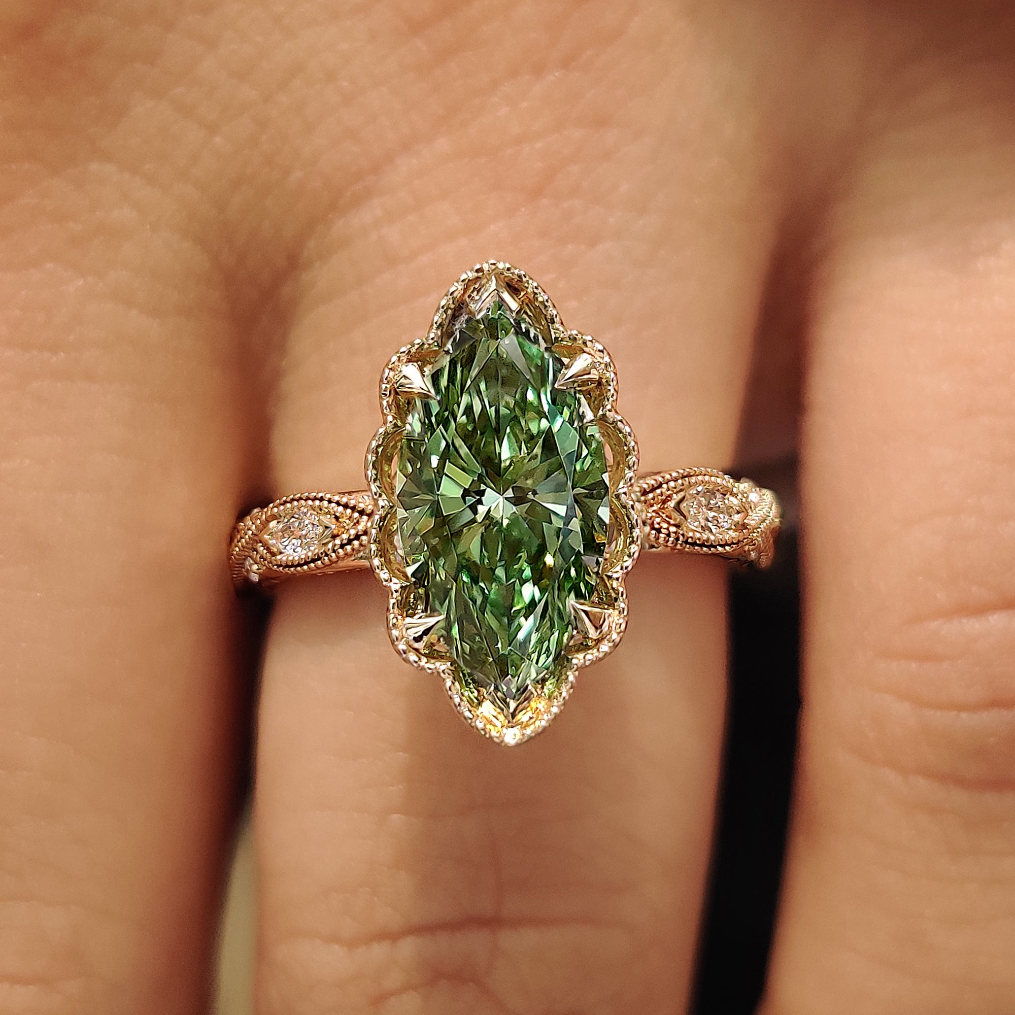 Hidden halo round diamond ring in vintage style.
