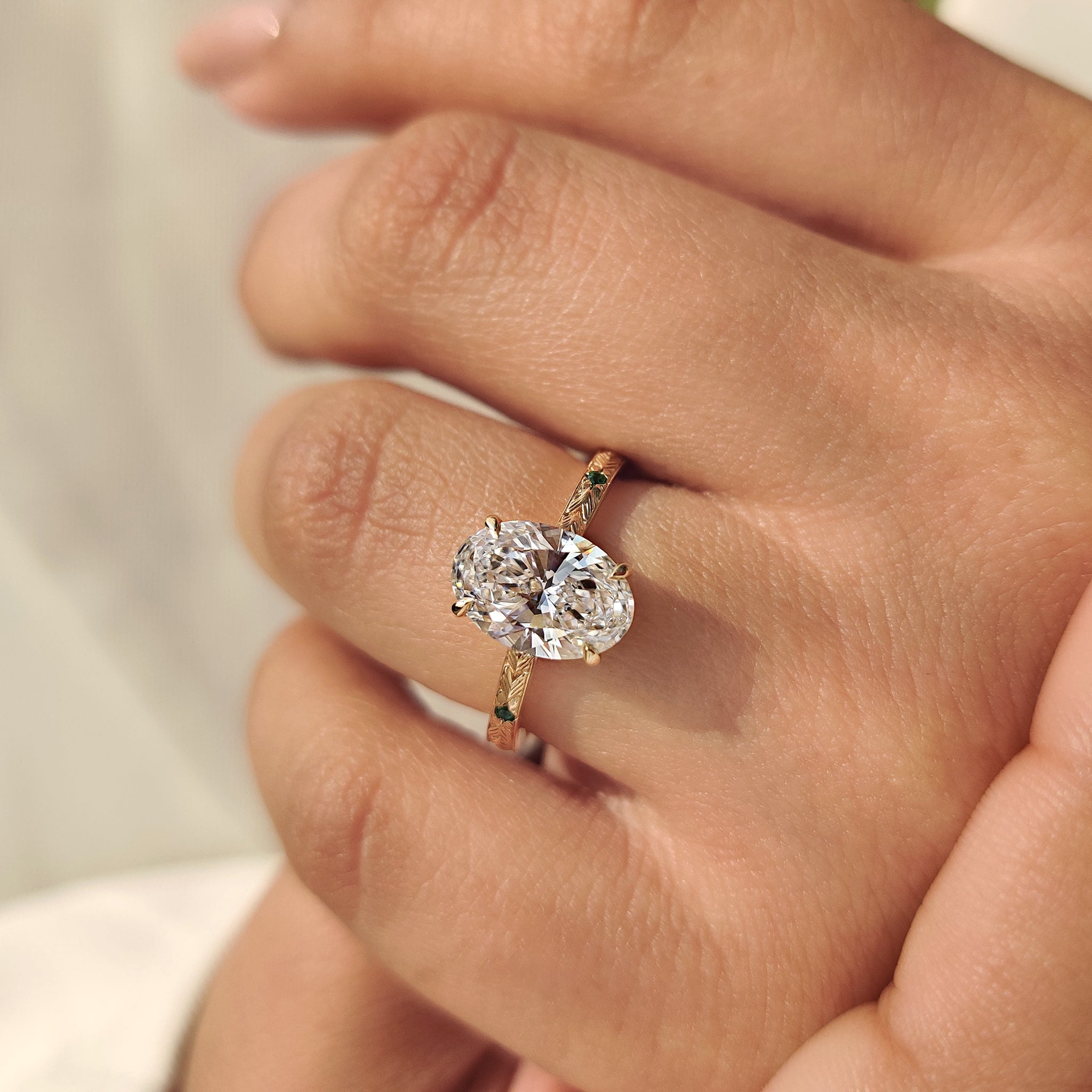 Art Deco lab grown diamond ring with cathedral setting.
