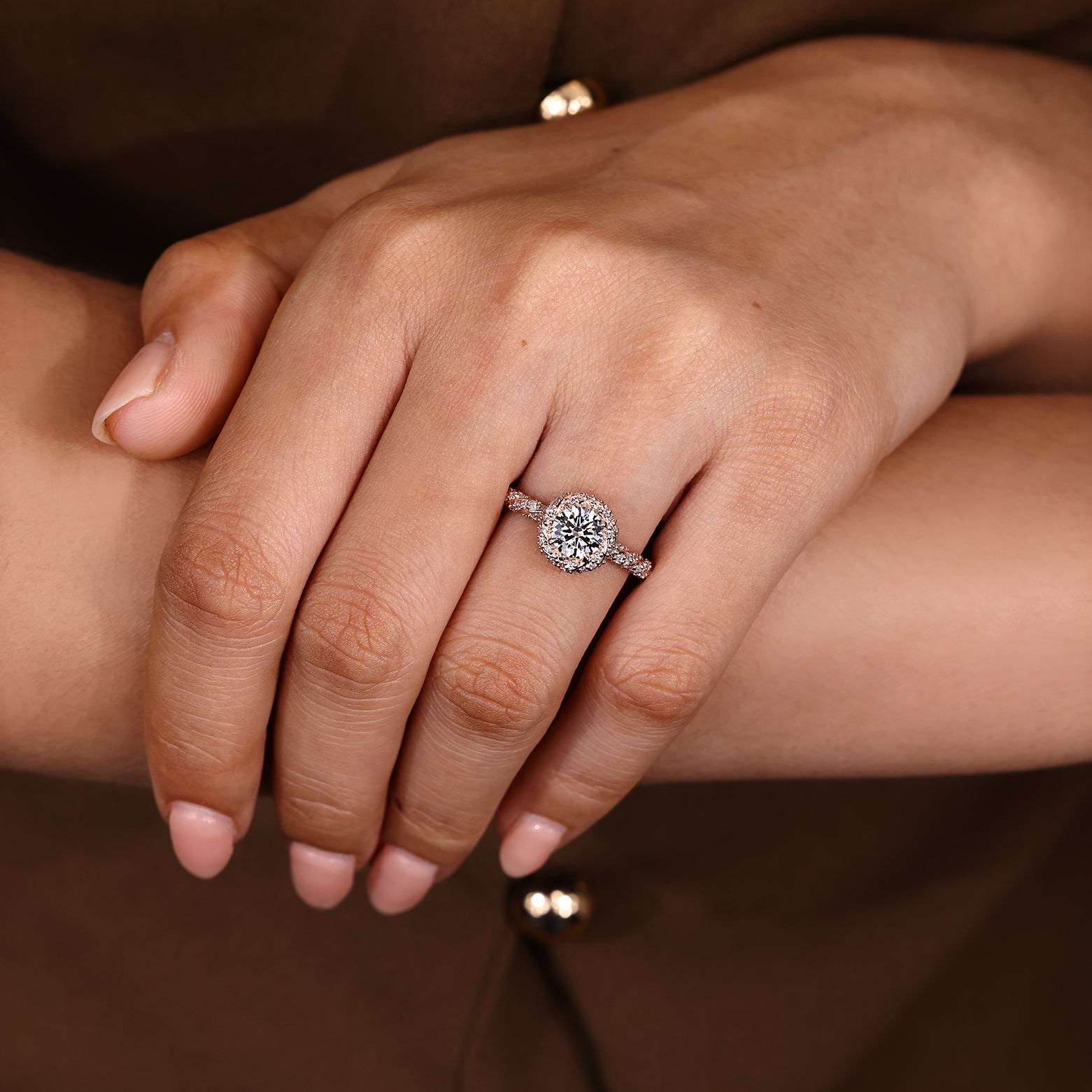 Handmade round diamond ring with pave and halo setting
