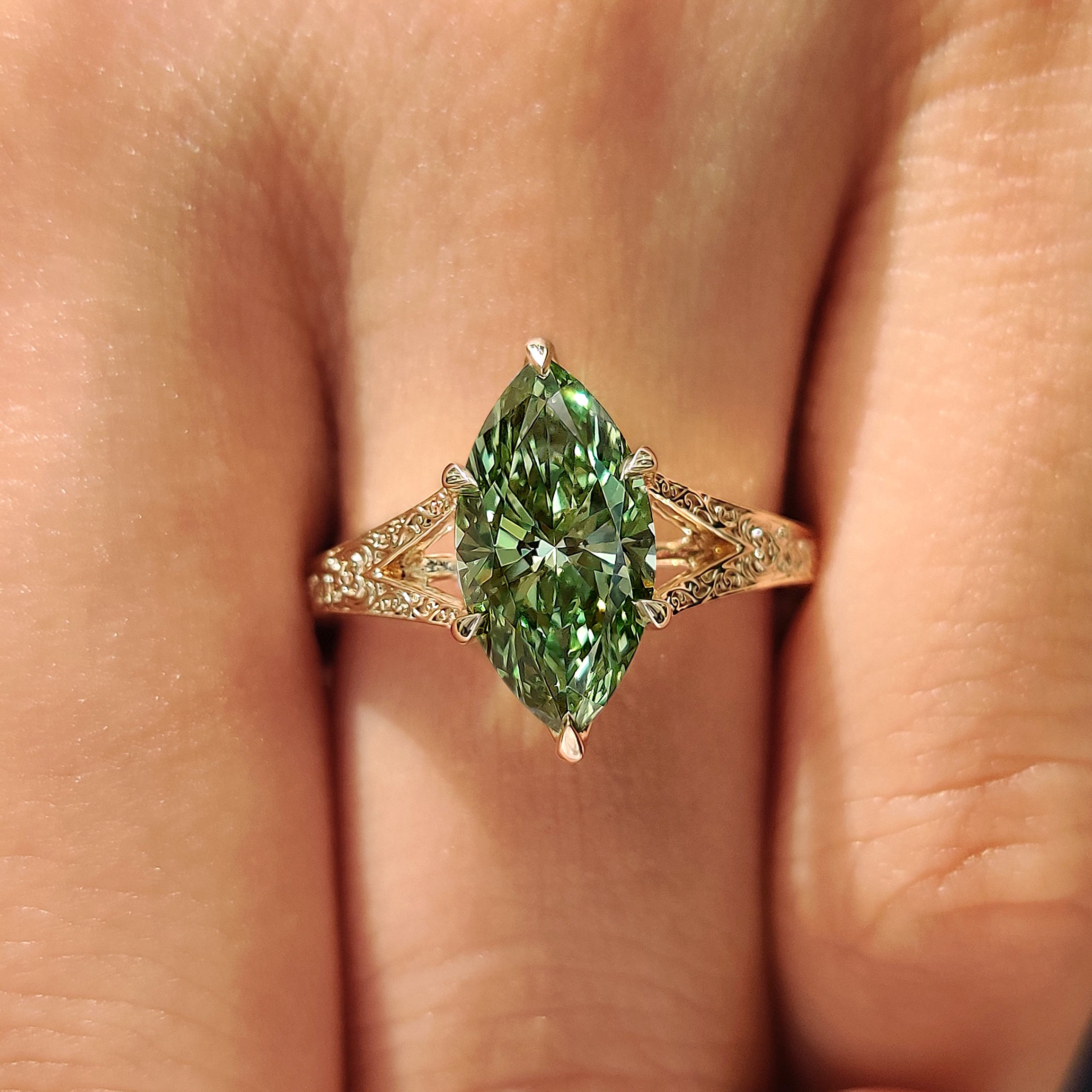 IGI certified green marquise lab grown diamond solitaire