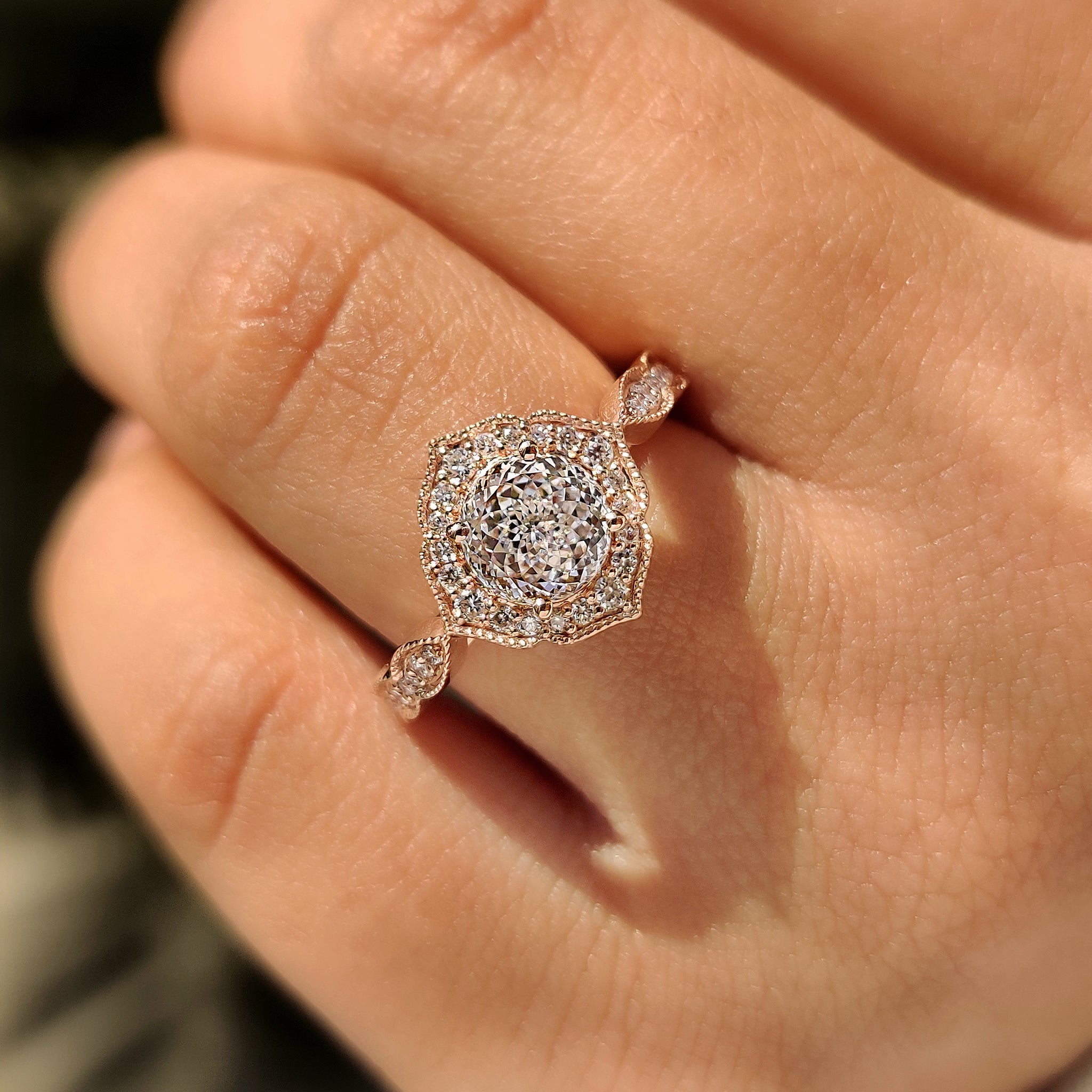Vintage Portuguese diamond ring with round cut pave band.
