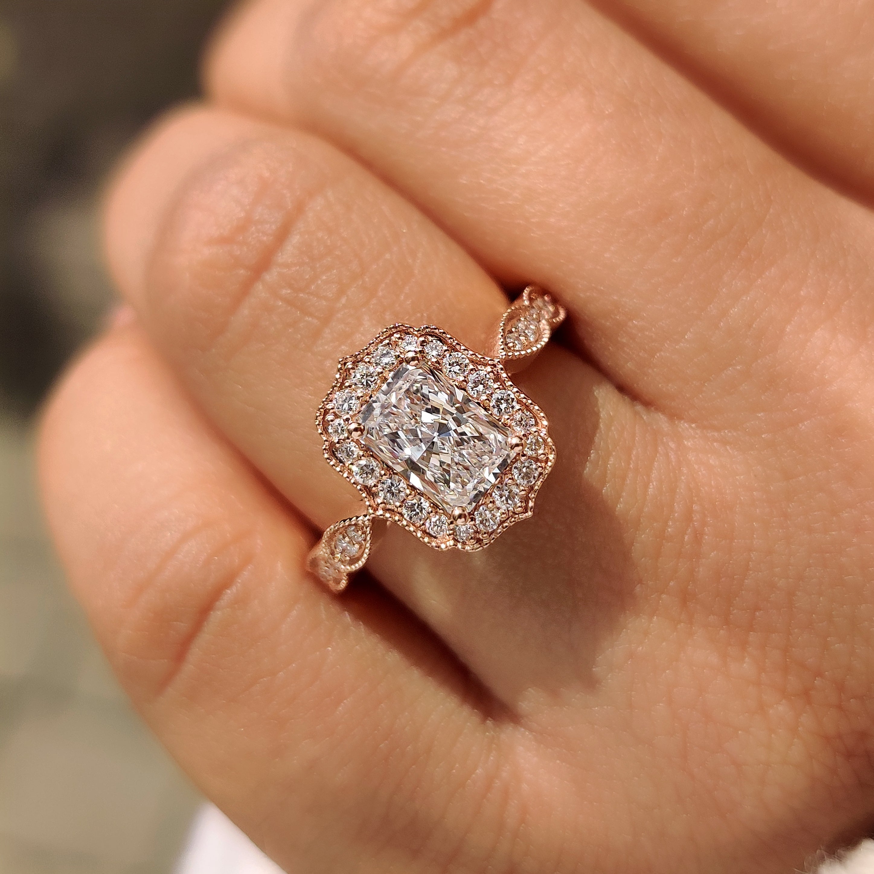 Radiant diamond ring with IGI certified lab diamond.
