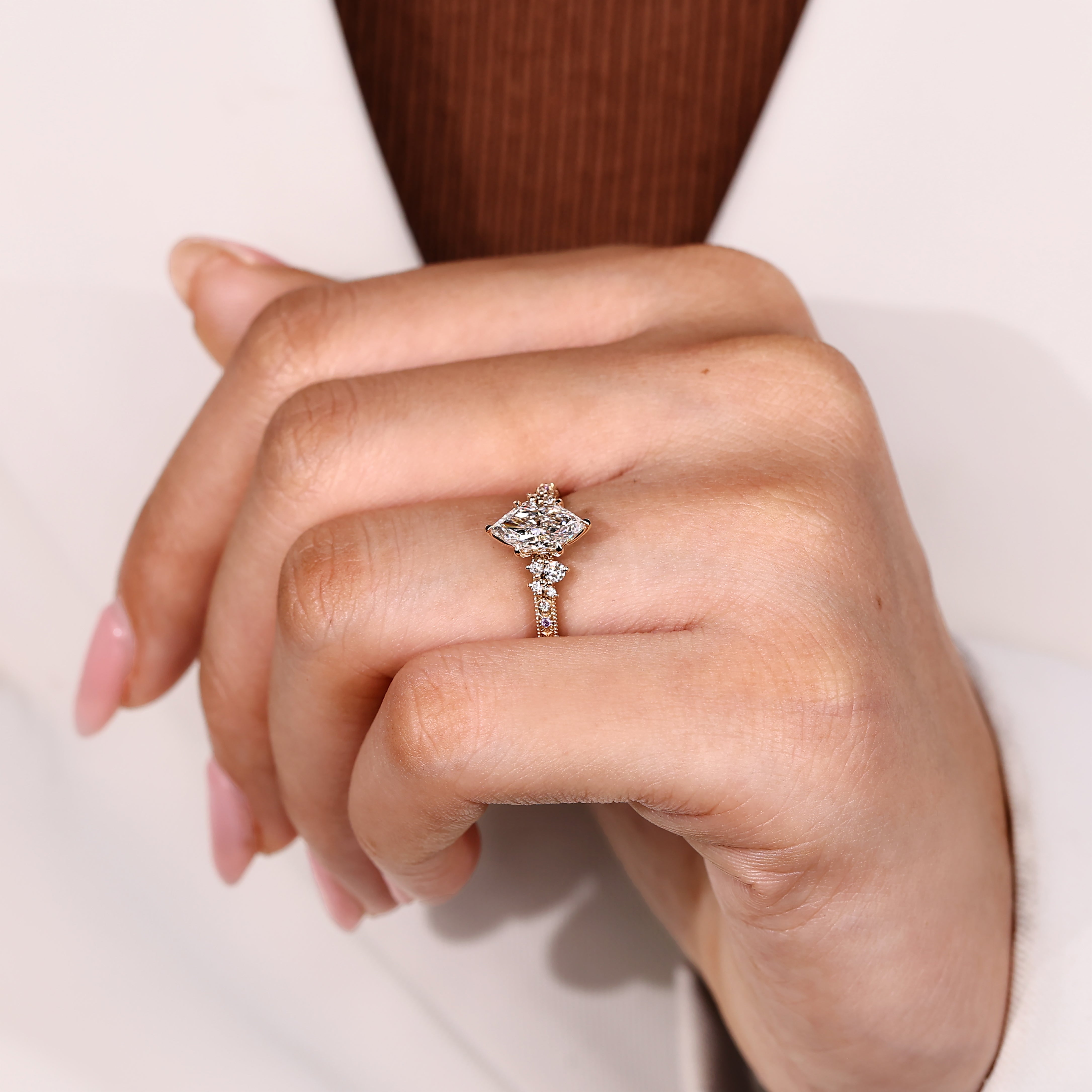 Handmade lab grown diamond dutch marquise ring with round amethyst accent stones
