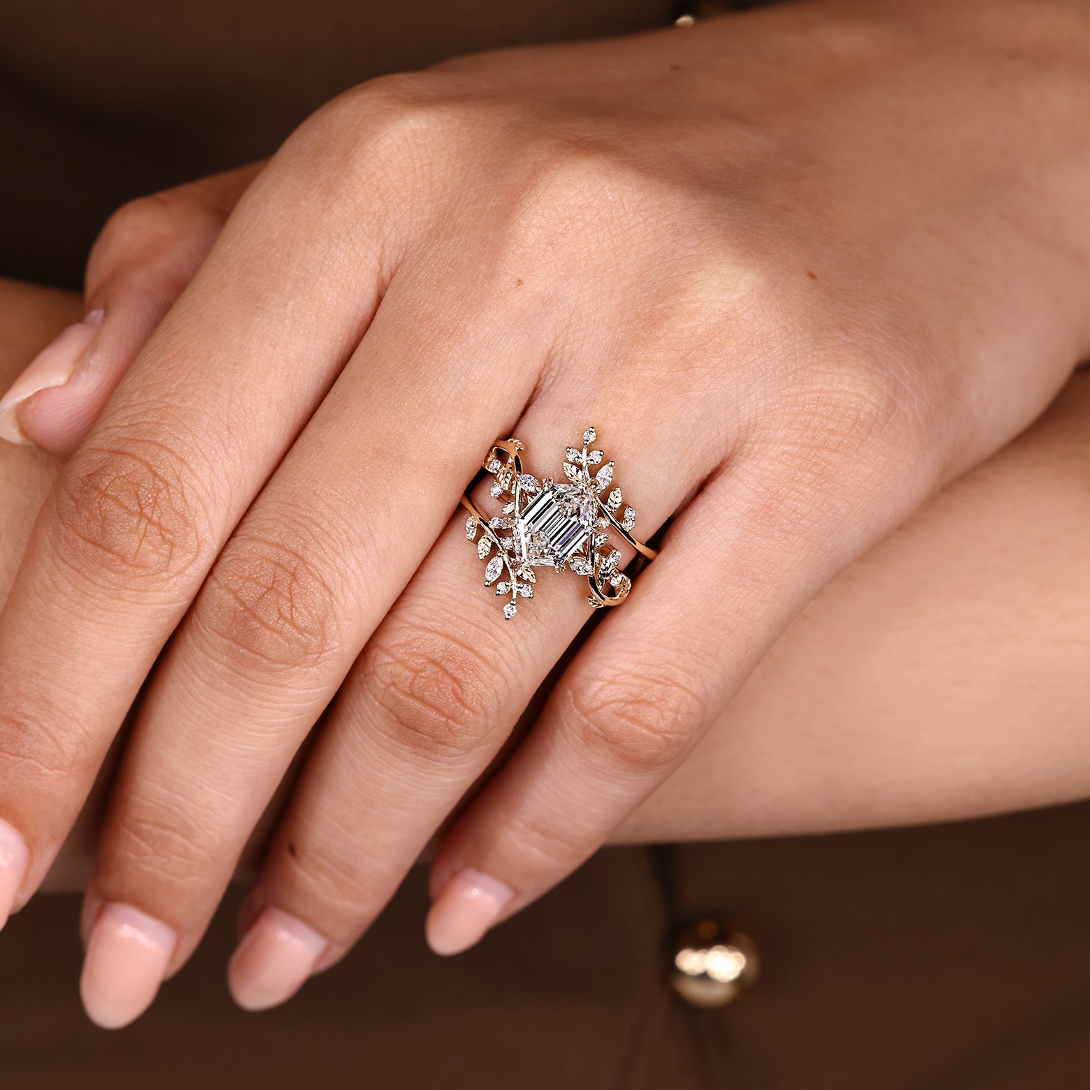 Lab grown hexagon diamond ring with marquise side stone accents

