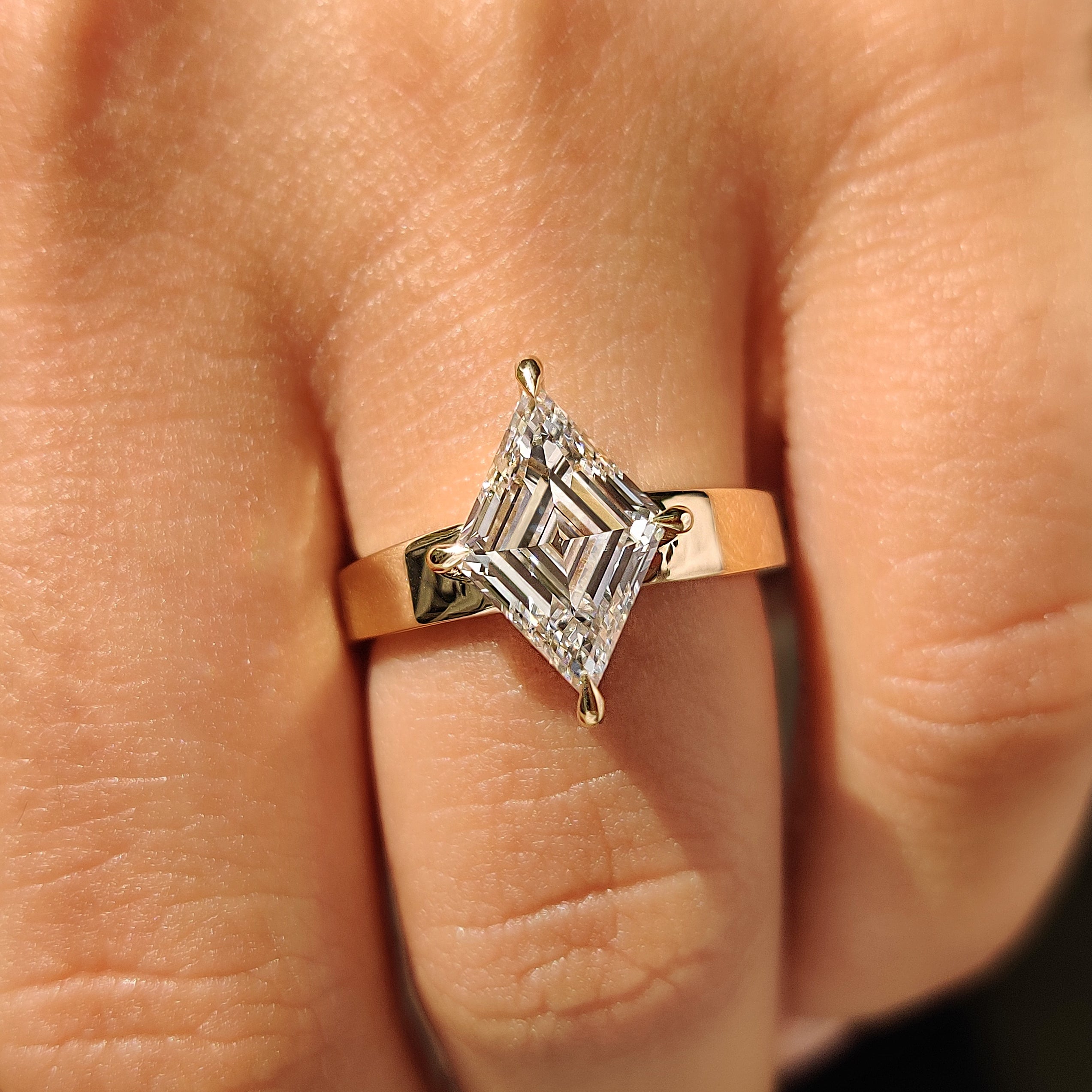 Lab grown lozenge diamond ring with slim tapered shank
